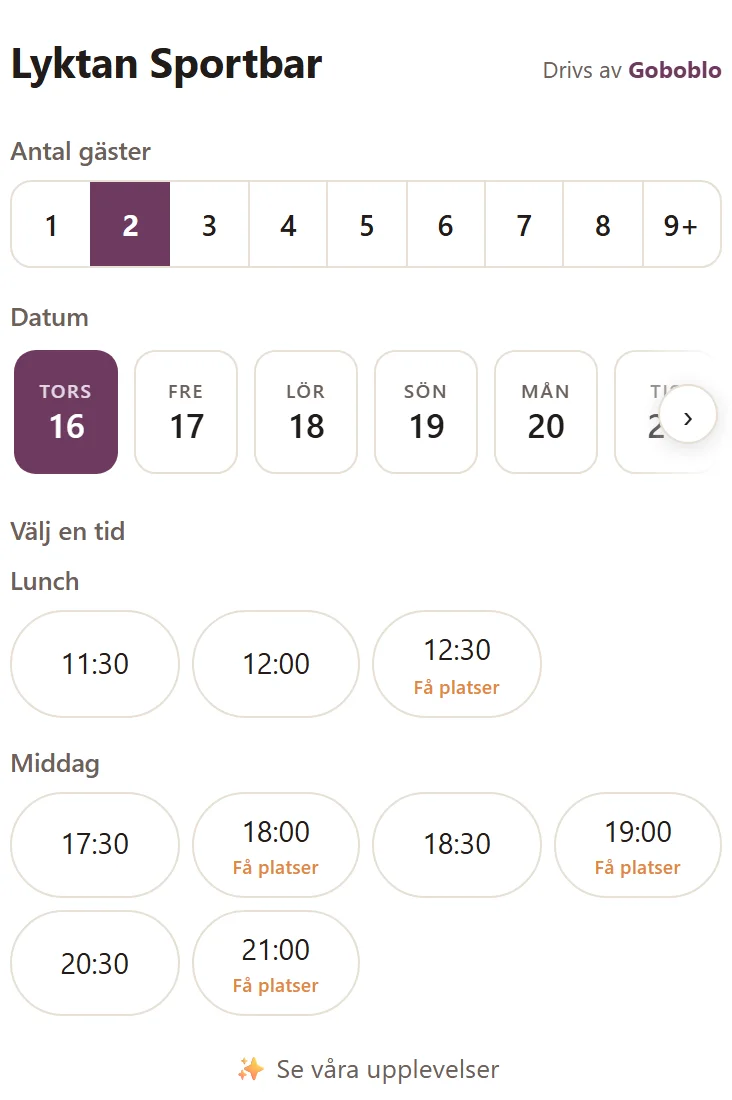 Gästens bokning i mobilen hos Lyktan Sportbar: välj antal gäster, datum och en ledig tid — demo-lokalens riktiga widget