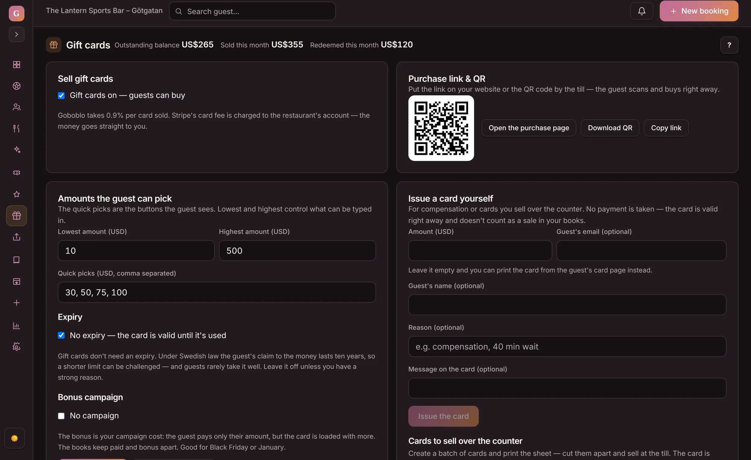 Gift card controls in Goboblo's dashboard in dark mode: amounts the guest can pick, expiry off by default, bonus campaign, issue a card yourself and cards to sell over the counter — the demo venue's real view