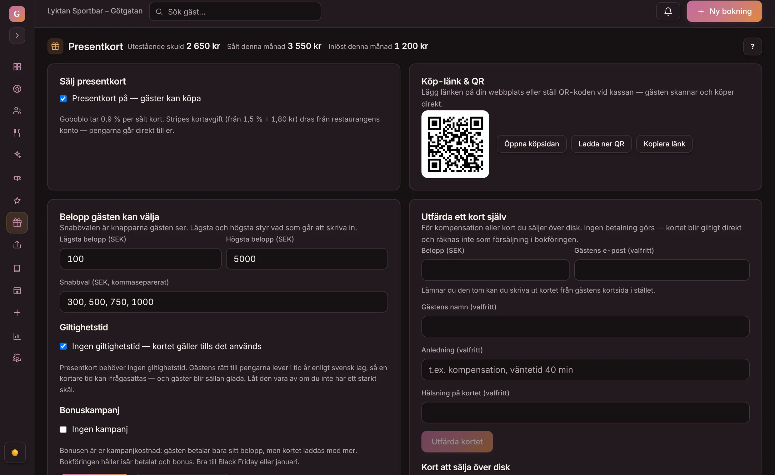 Presentkortens kontroll i Goboblos dashboard i mörkt läge: belopp gästen kan välja, giltighetstid av som standard, bonuskampanj, utfärda ett kort själv och kort att sälja över disk — demo-lokalens riktiga vy