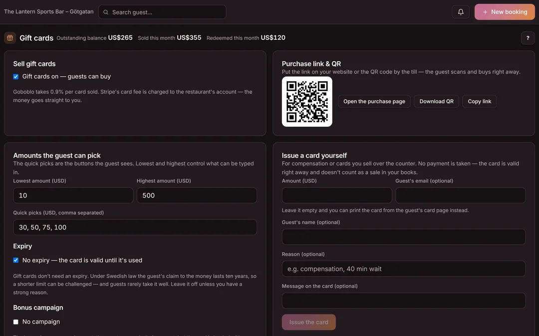 Sell gift cards in Goboblo's dashboard: the Gift cards on — guests can buy toggle, with the 0.9% per card sold fee and Stripe's card fee explained — the demo venue's real view in dark mode