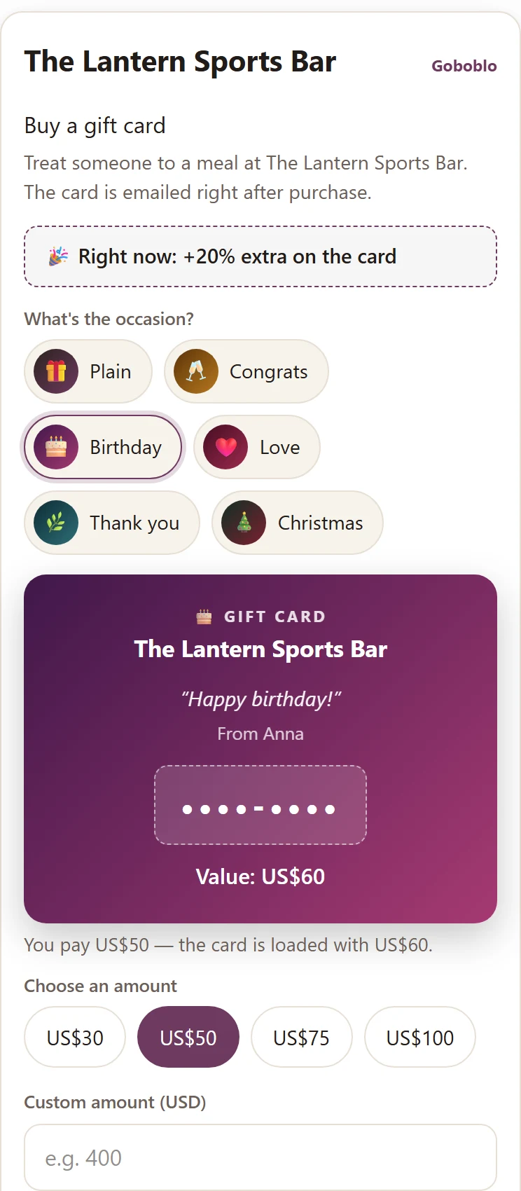 The gift card purchase page on a phone: the occasion picker with Birthday selected, the +20% bonus campaign, and the card previewed with the message Happy birthday and the value US$60 — the demo venue's real purchase flow