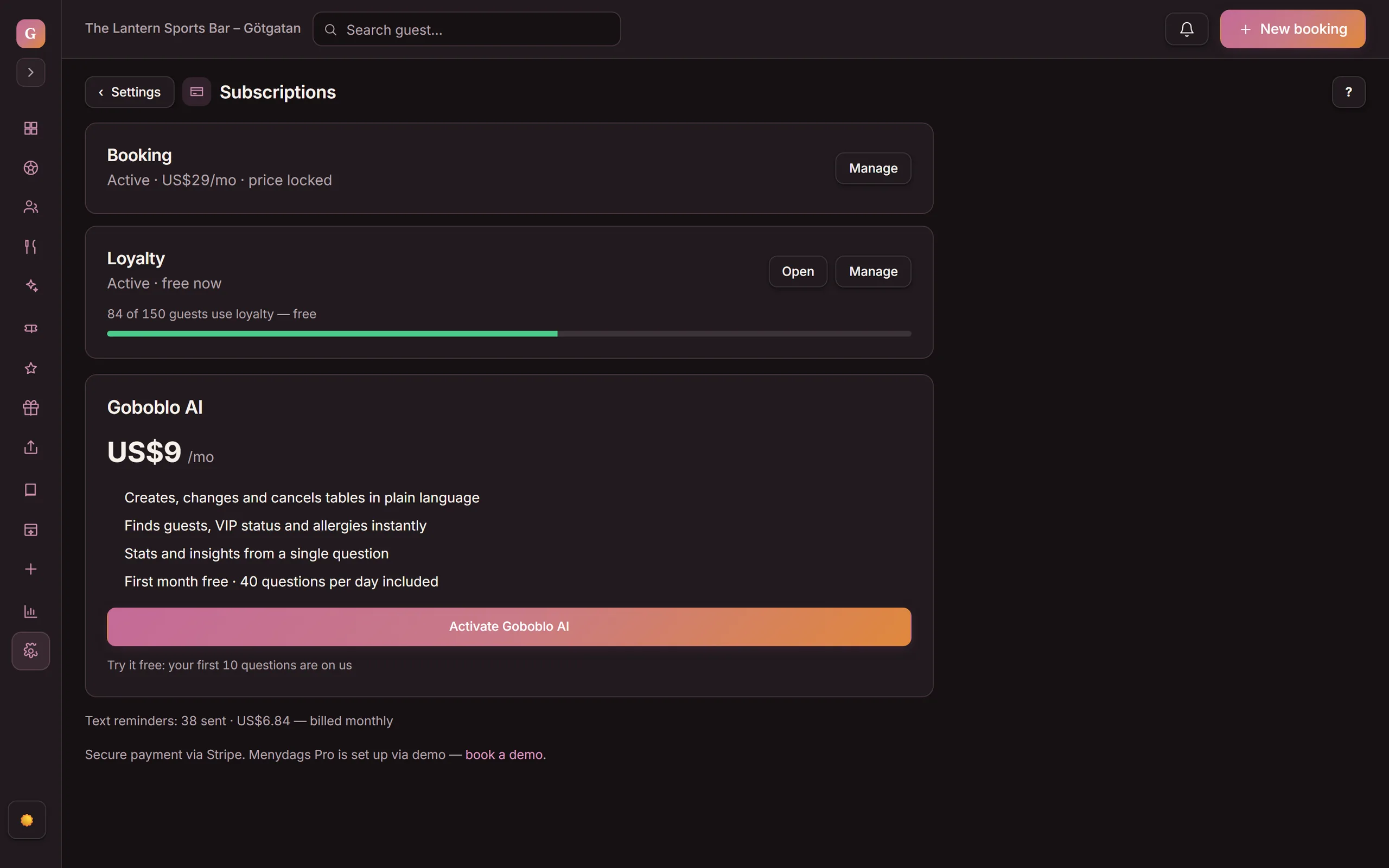 Subscriptions in Goboblo: booking active at US$29 a month with the price locked, loyalty free with the meter at 84 of 150 guests, and Goboblo AI as an optional add-on with the first month free