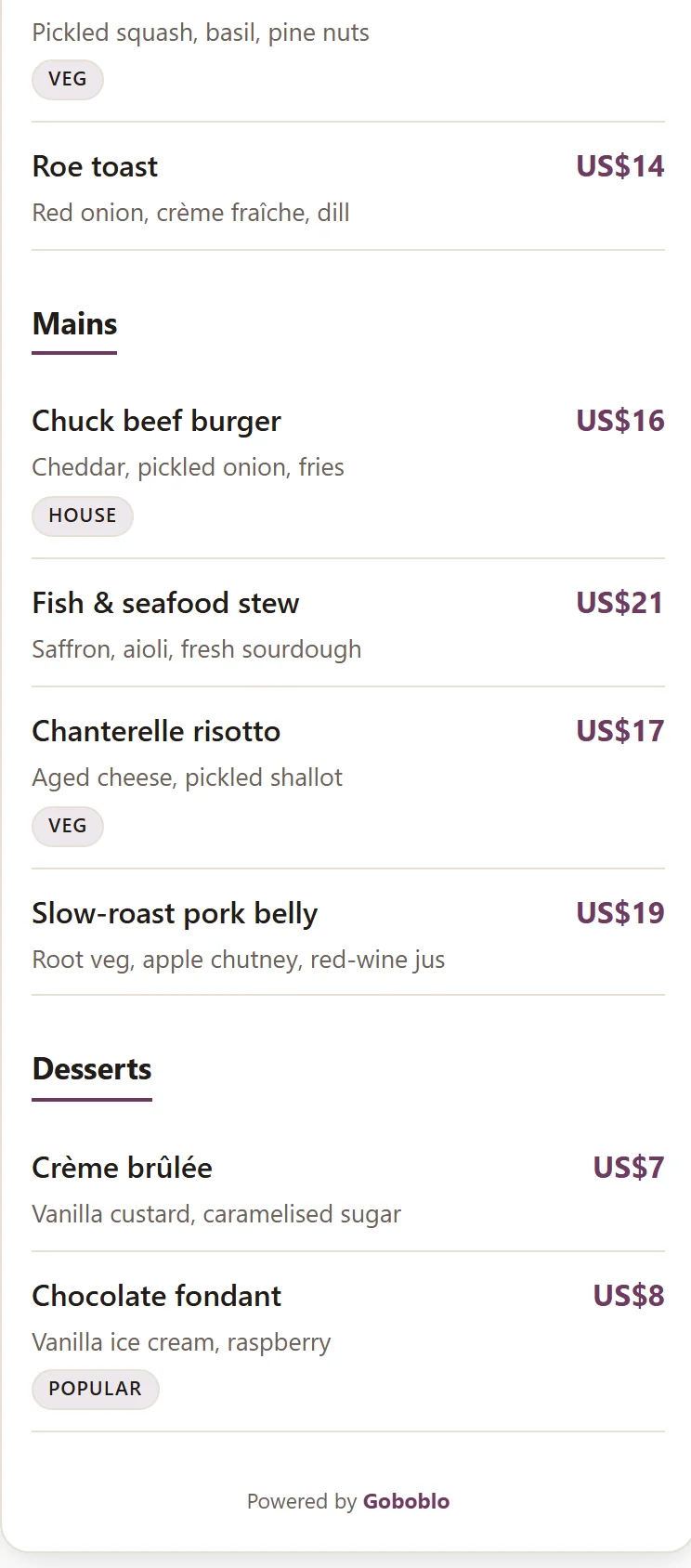 Dishes in the QR menu on the guest's phone with dietary tags like Veg right on the dish, along with description and price.