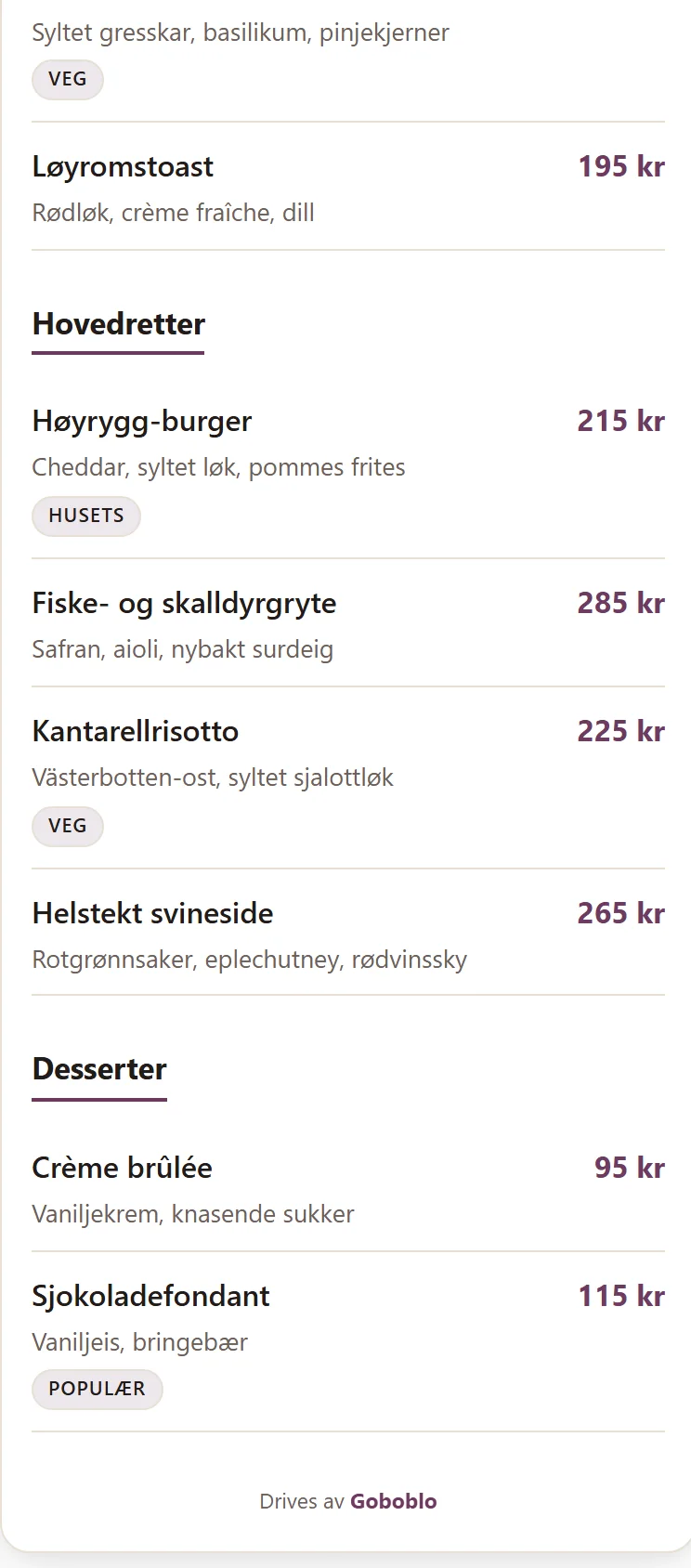 Retter i QR-menyen i gjestens mobil med kostmerking som Veg rett på retten, sammen med beskrivelse og pris.