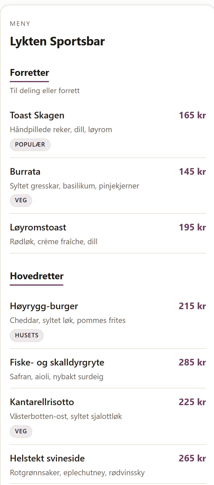 QR-menyen i gjestens mobil hos Lykten Sportsbar: forretter og hovedretter med beskrivelser, priser og merker som Populær og Veg.