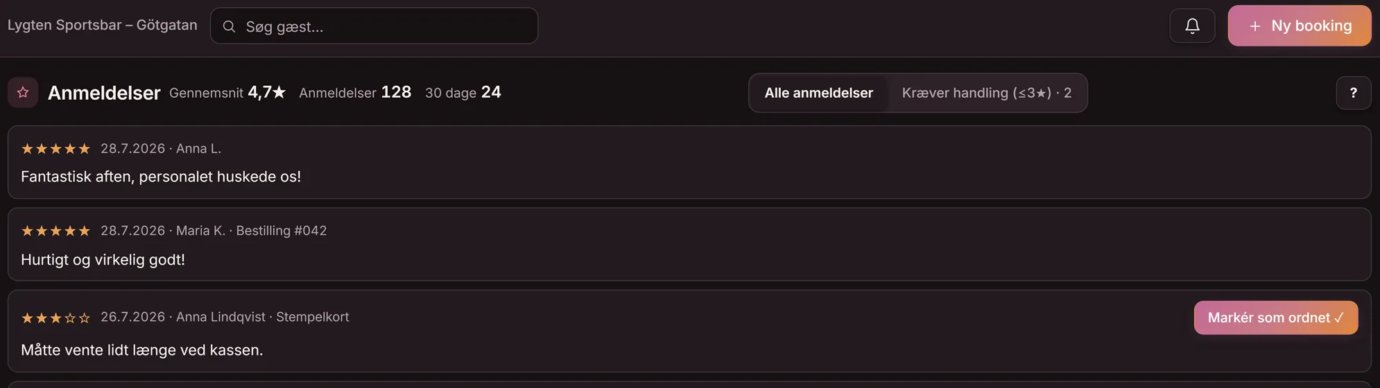 Anmeldelseslisten i Goboblos dashboard med filtrene Alle anmeldelser og Kræver handling (≤3★) — gæsternes bedømmelser og kommentarer i mørk tilstand