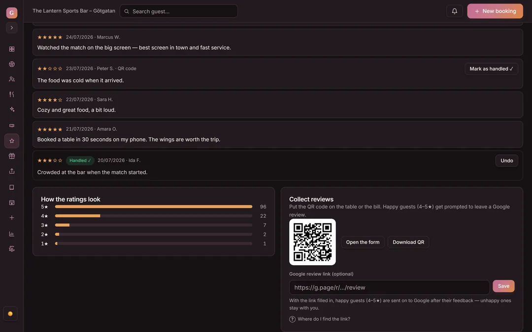 Reviews in Goboblo: guest ratings with comments, the How your ratings look box with 96 five-star out of 128 reviews, and Collect reviews with the QR code to the form — the demo venue's real view in dark mode