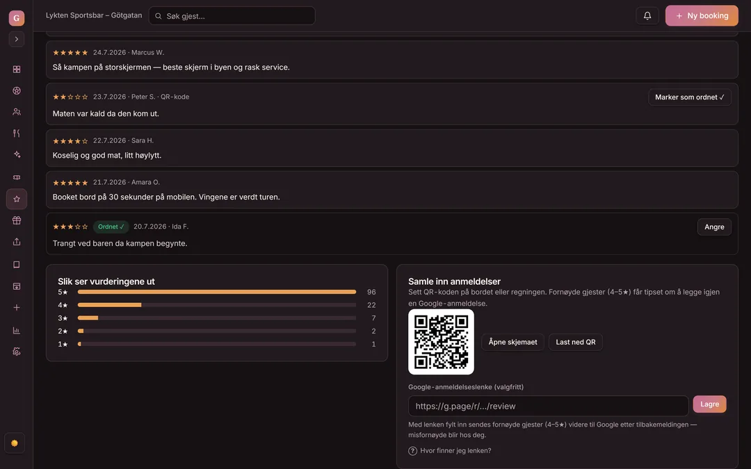 Anmeldelser i Goboblo: gjestenes vurderinger med kommentar, boksen Slik ser vurderingene ut med 96 femstjerners av 128 anmeldelser, og Samle inn anmeldelser med QR-koden til skjemaet — demo-stedets ekte visning i mørk modus