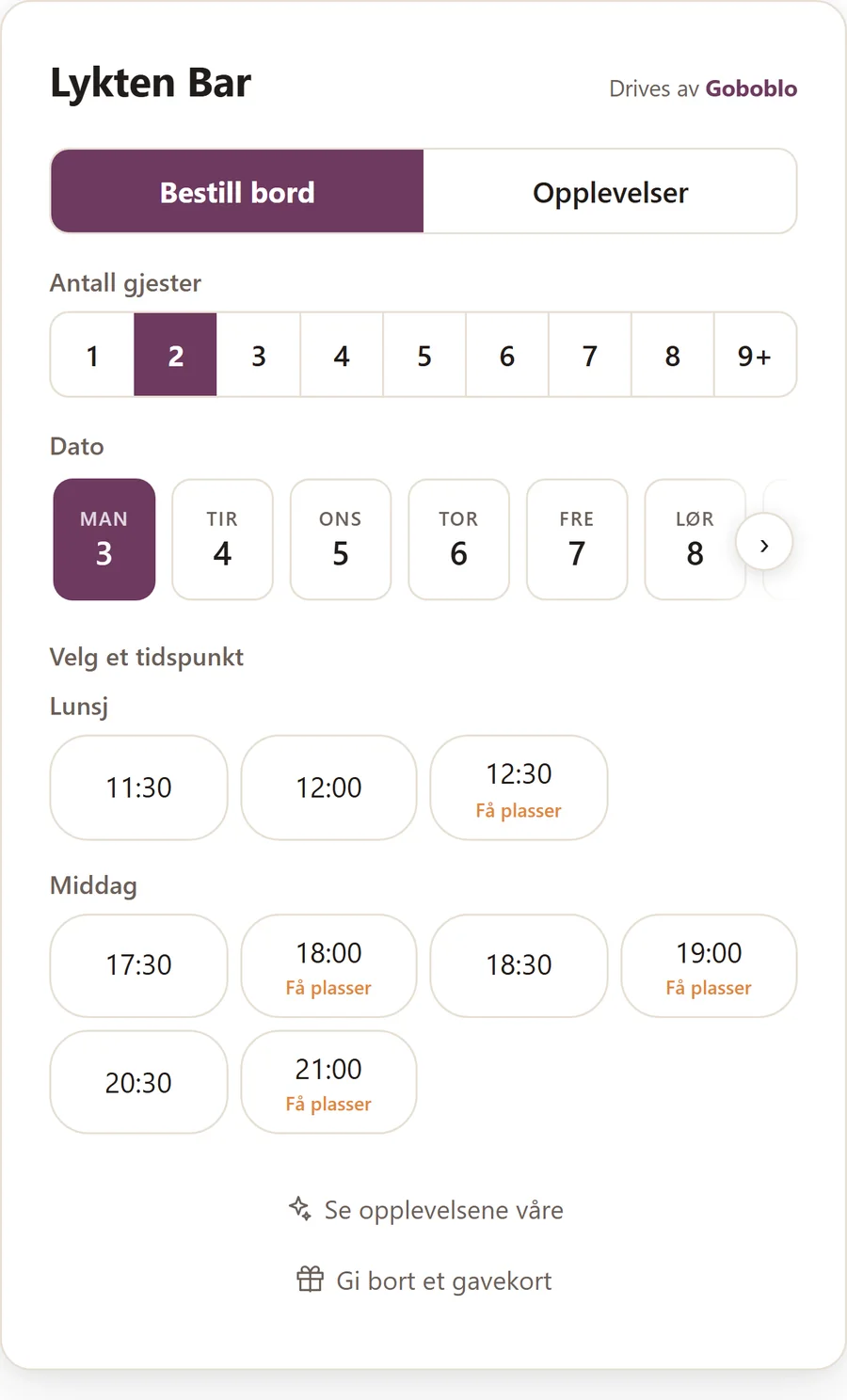 Bookingen på mobilen hos Lykten Bar, på norsk: dato, antall gjester og ledige tider, med Bestill bord-knappen