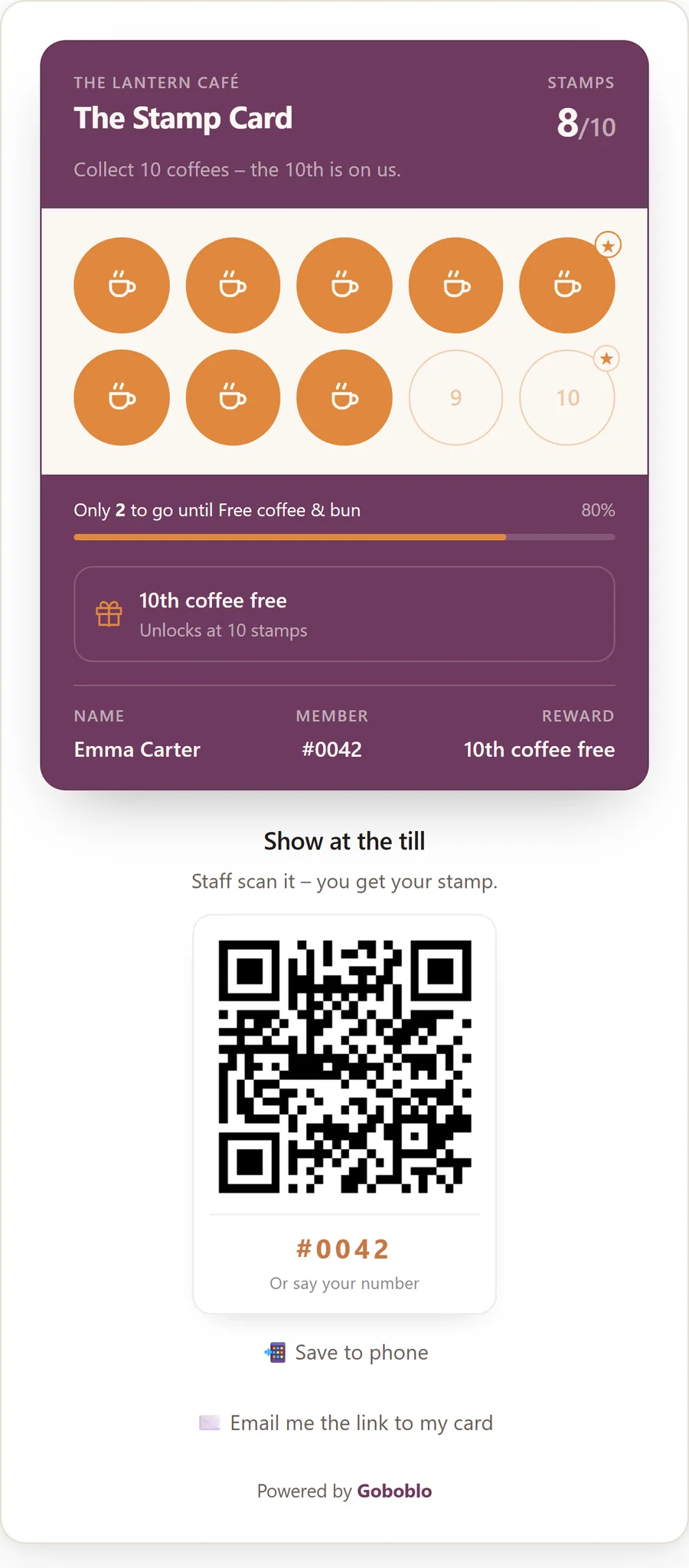 The stamp card on the guest's phone at The Lantern Café, in English: eight of ten coffee stamps collected, the line Collect 10 coffees – the 10th is on us, and the QR code the guest shows at the till