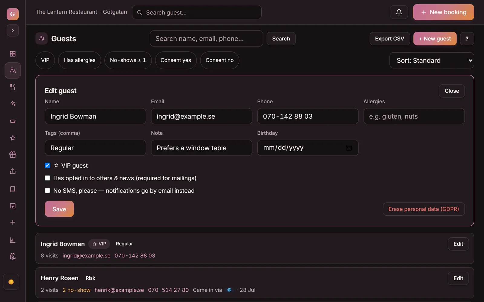 The guest profile in Goboblo: allergies, tags and consents — in front of the team before the guest arrives