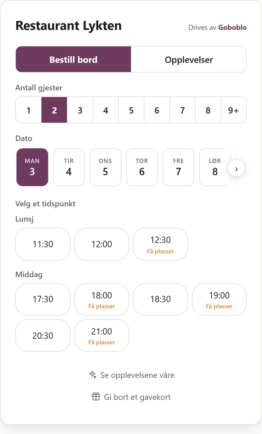 Bookingen på mobilen hos Restaurant Lykten, på norsk: dato, antall gjester og ledige tider, med Bestill bord-knappen