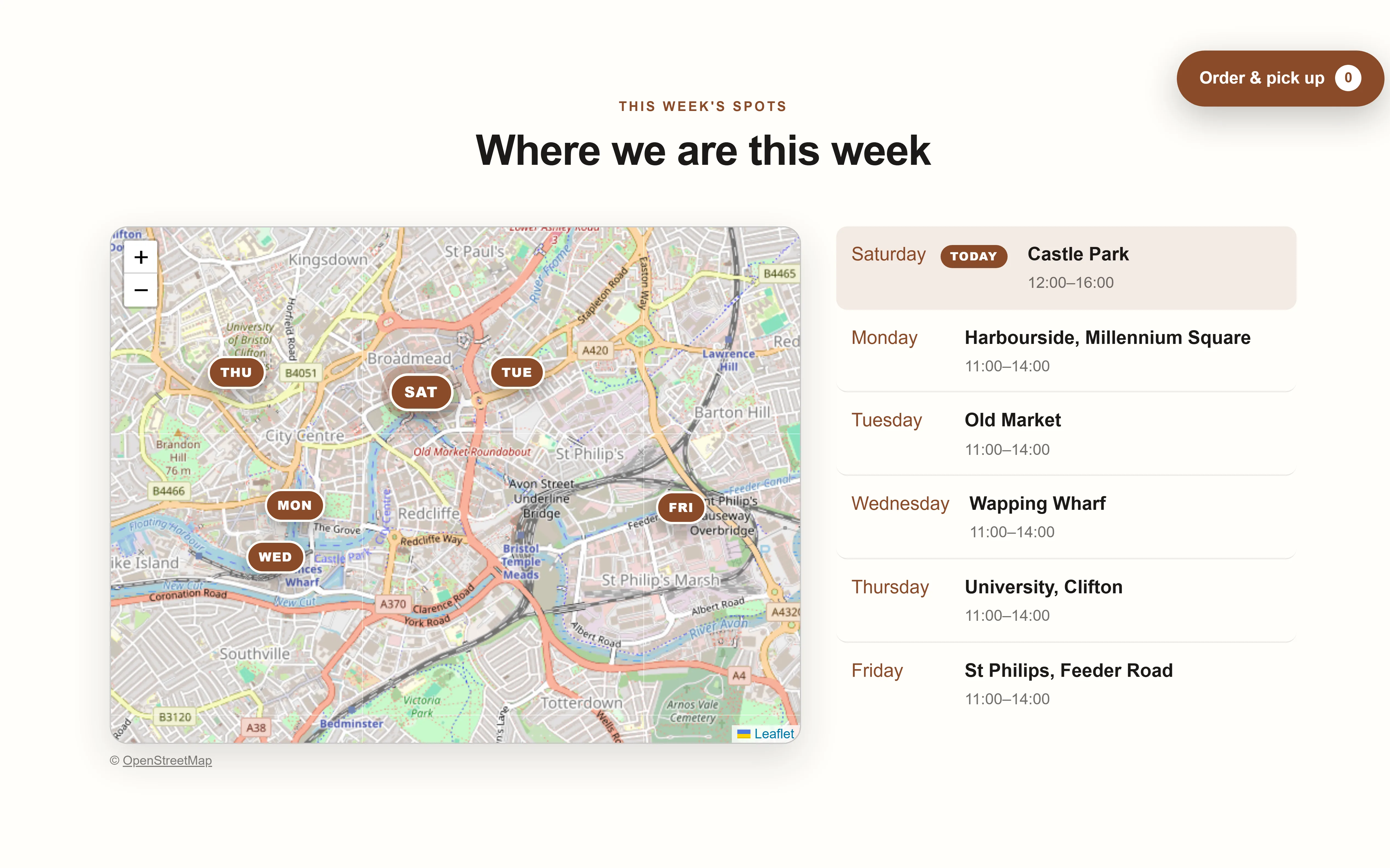 The week's spots on the food truck The Smokehouse's site, in English: a map of Bristol with one pin per day — Monday Harbourside, Tuesday Old Market, Wednesday Wapping Wharf, Thursday Clifton, Friday St Philips — and the list beside it where Saturday's spot Castle Park is marked Today