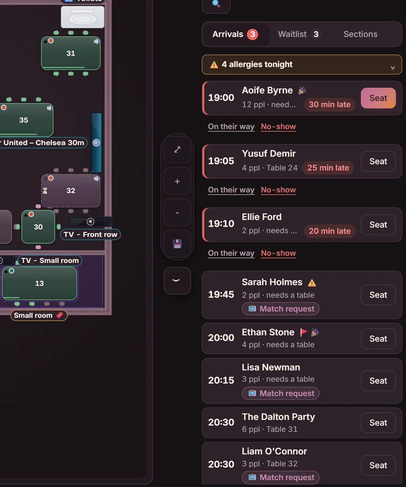 The floor plan on a match day with the arrivals list beside it: late parties with On their way and No-show, and guests with a match request