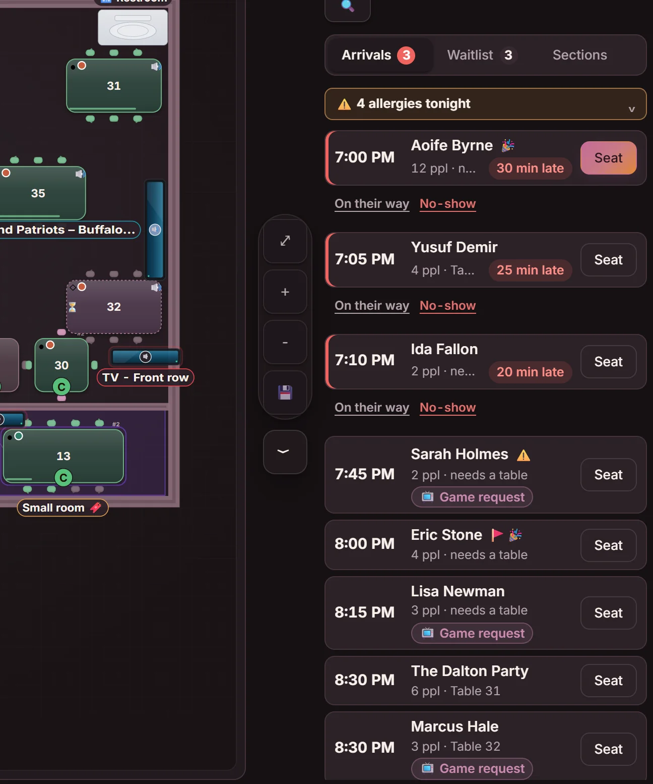 The floor plan on game day with the arrivals list beside it: late parties with On their way and No-show, and guests with a game request