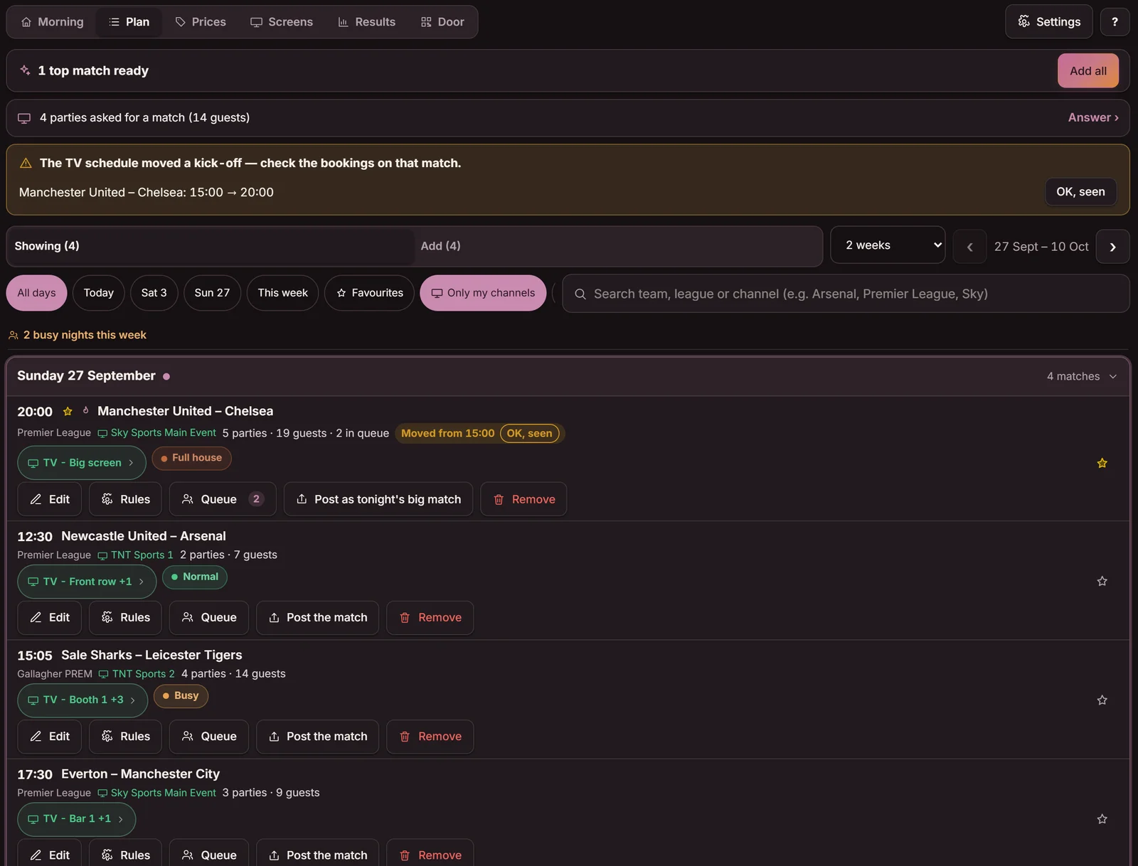 The Matches tab, Plan view: the day's top matches with an Add all button, the notice that a kick-off moved, and each match with its screen, parties and guests