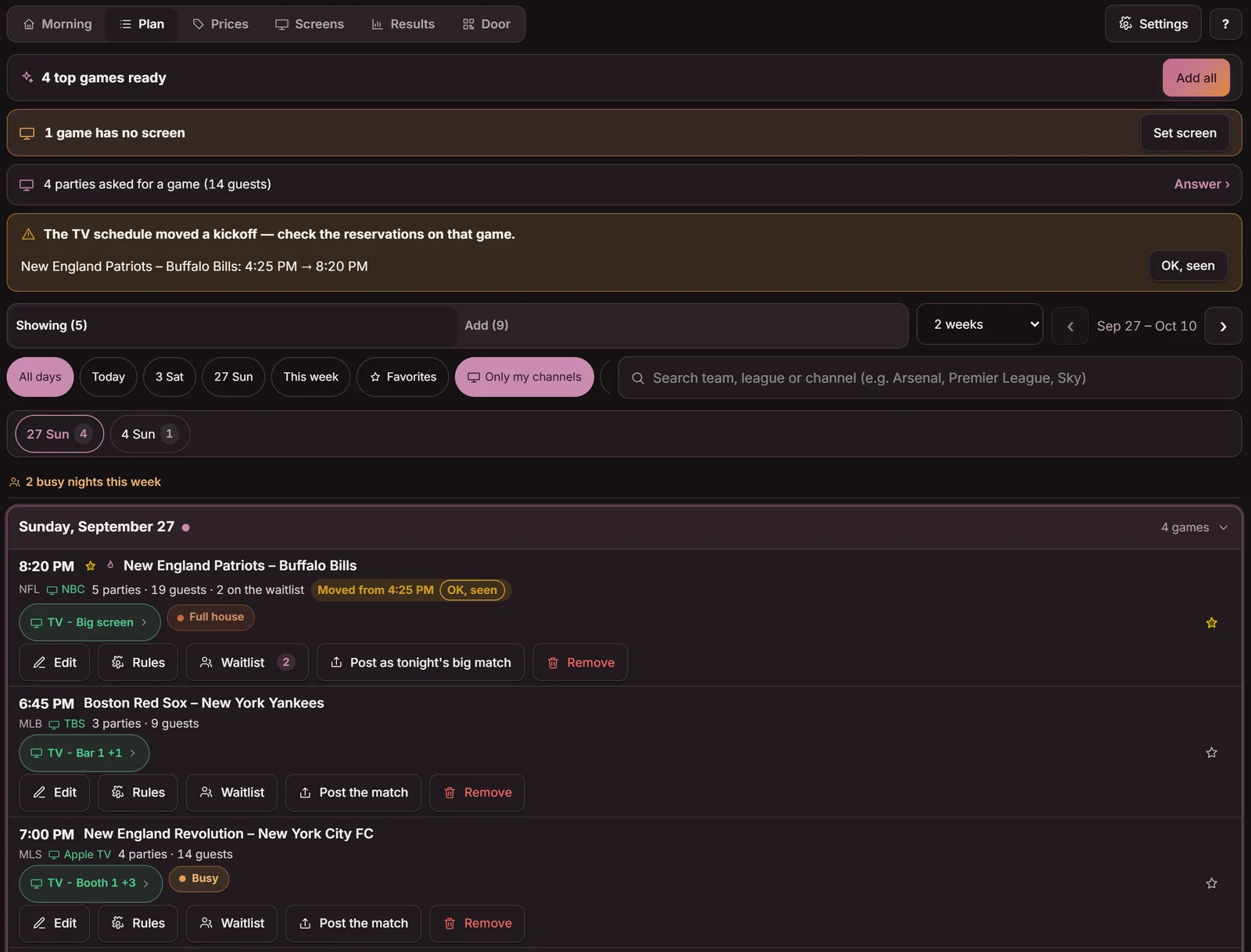 The Games tab, Plan view: top games ready with an Add all button, the notice that Patriots–Bills moved from 4:25 PM to 8:20 PM, and each game with its channel, screen, parties and guests
