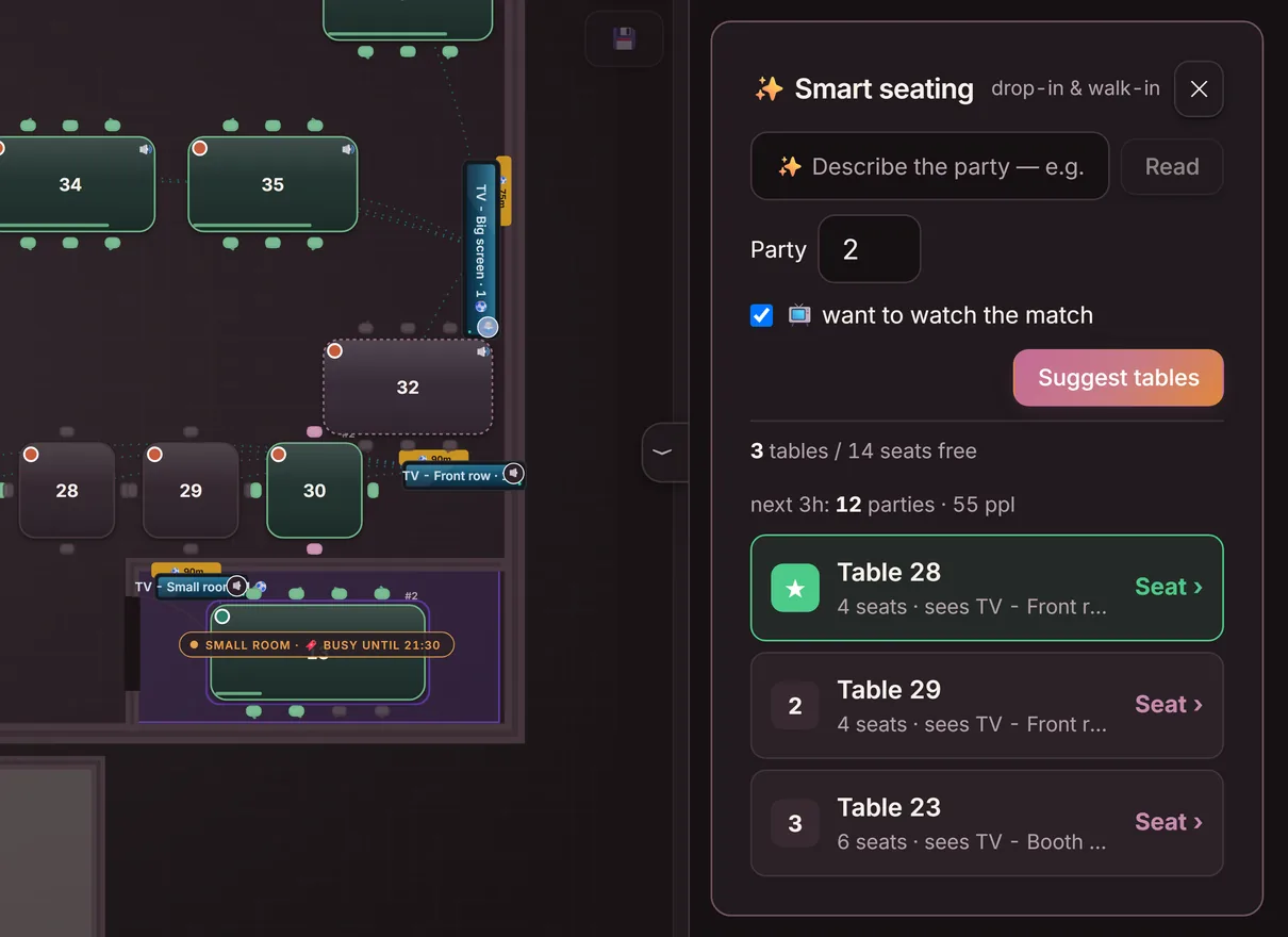 Smart seating in the floor plan: the ‘want to watch the match’ option and Suggest tables seat the party in front of the right screen