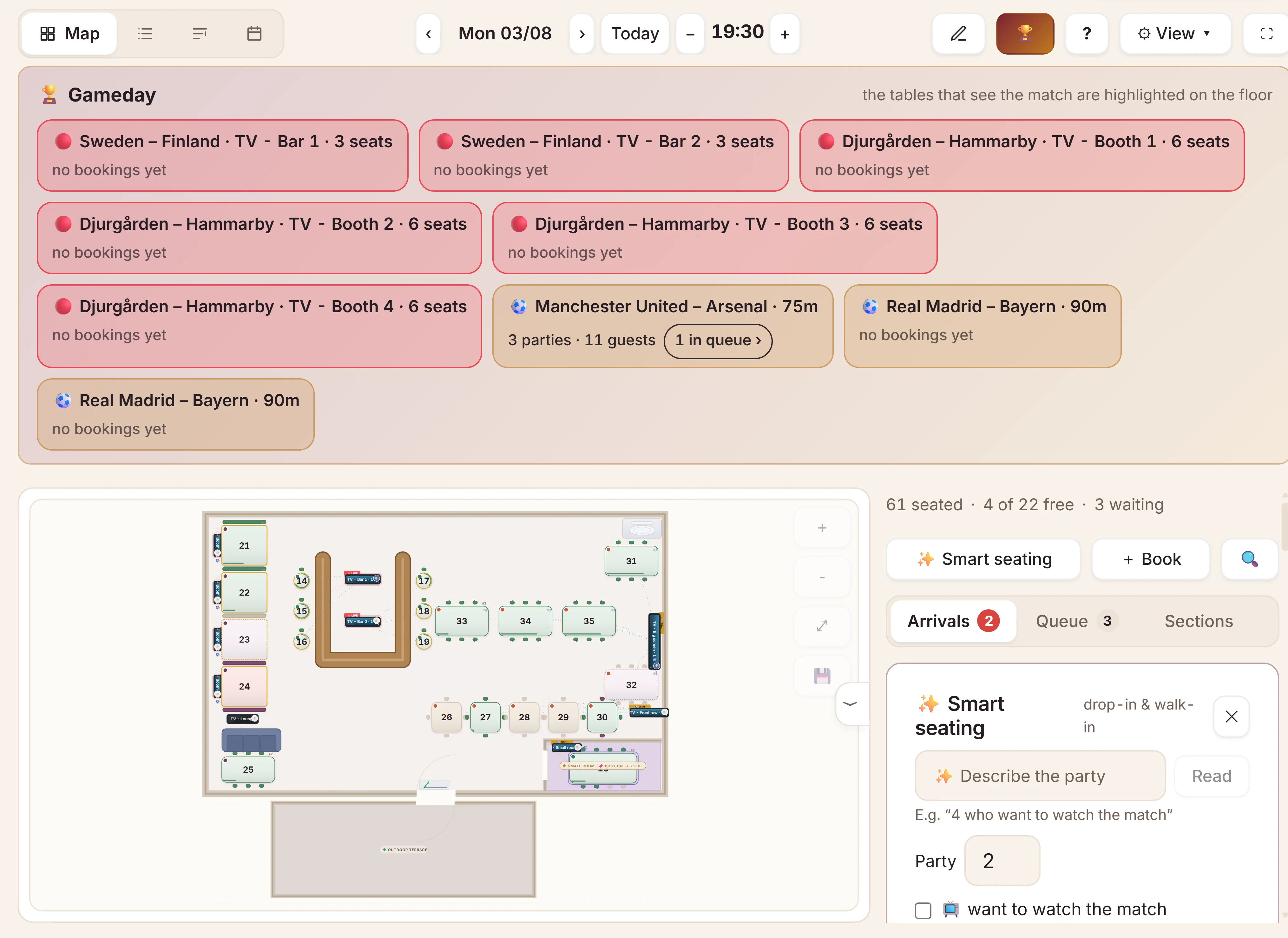 The floor plan on game night with tonight's games set across the screens