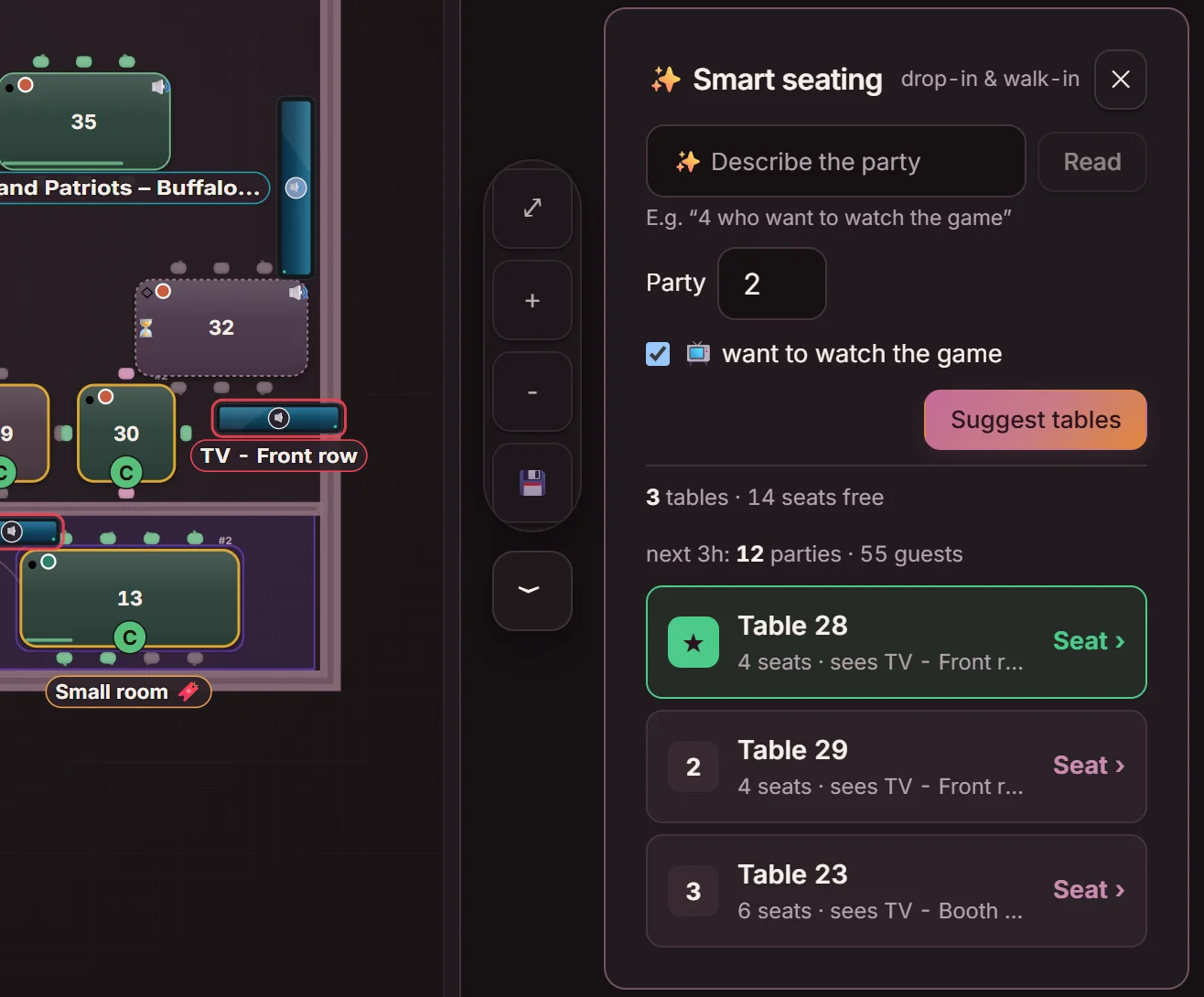 Smart seating next to the floor plan: ‘want to watch the game’ is checked and the suggestions are tables that see a TV — Table 28, 29 and 23