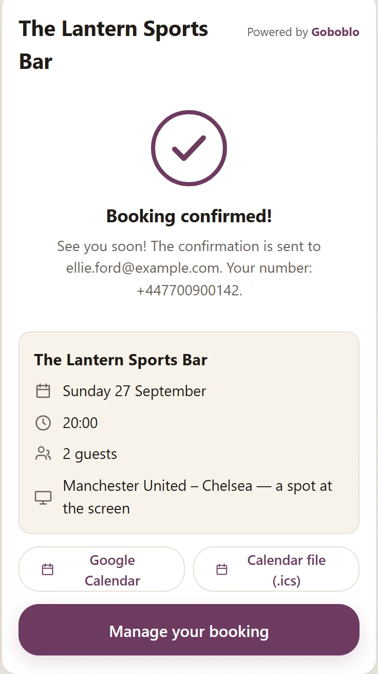 Step 3 in the widget: booking confirmed with the date, 20:00, party size and Manchester United – Chelsea — a spot at the screen