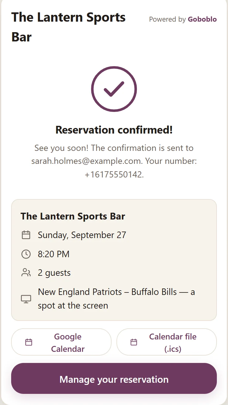 Step 3 in the widget: reservation confirmed with the date, 8:20 PM, party size and New England Patriots – Buffalo Bills — a spot at the screen