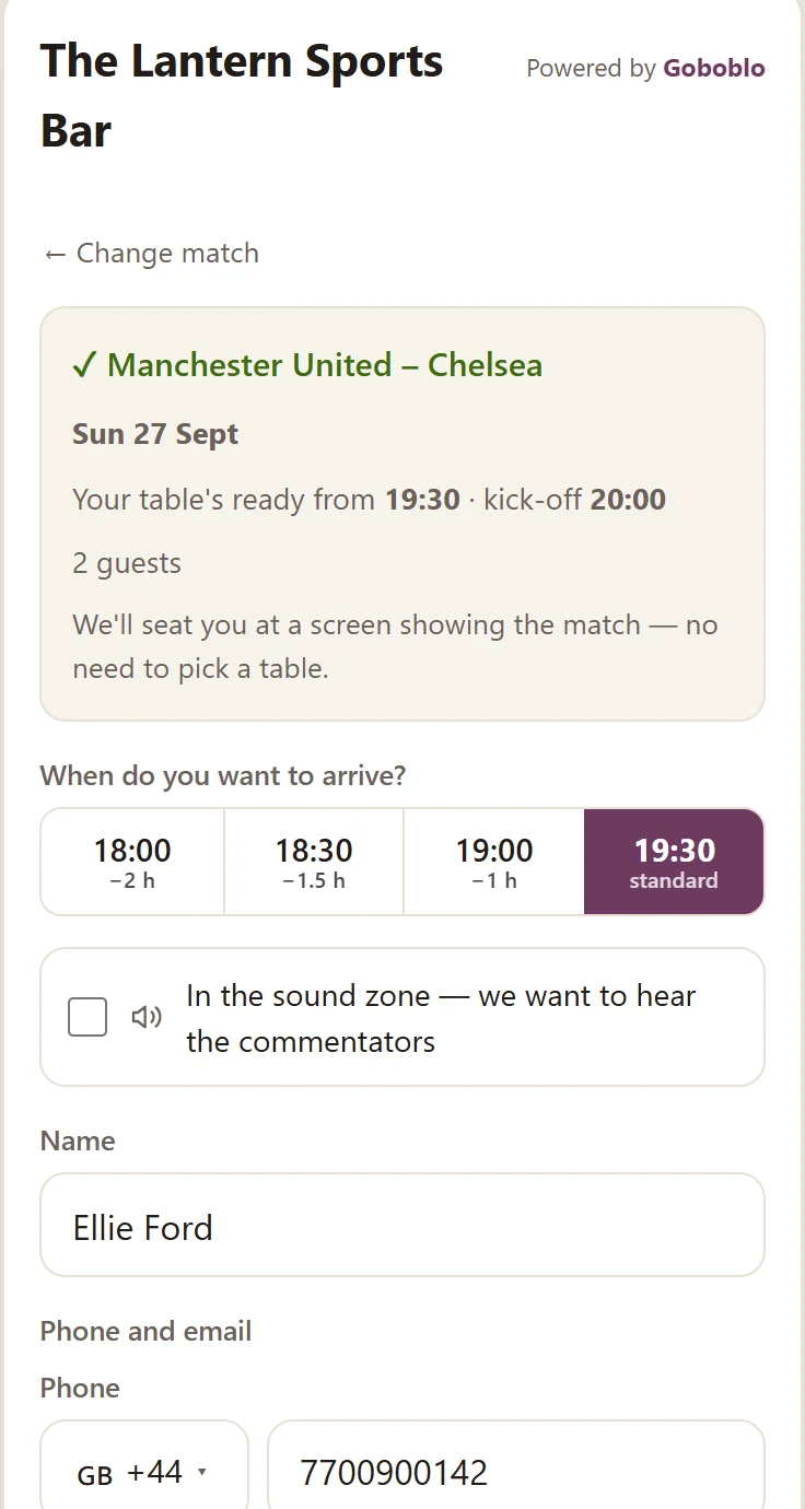 The guest's booking in the widget: Manchester United–Chelsea chosen, the table ready from 19:30 ahead of the 20:00 kick-off, arrival times up to two hours earlier and the sound zone option