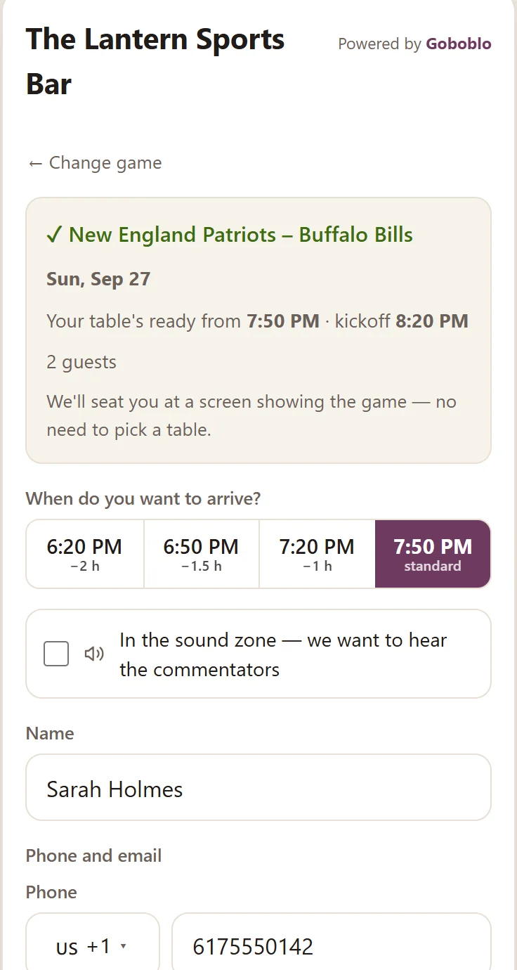The guest's reservation in the widget: New England Patriots–Buffalo Bills chosen, the table ready from 7:50 PM ahead of the 8:20 PM kickoff, arrival times up to two hours earlier and the sound zone option