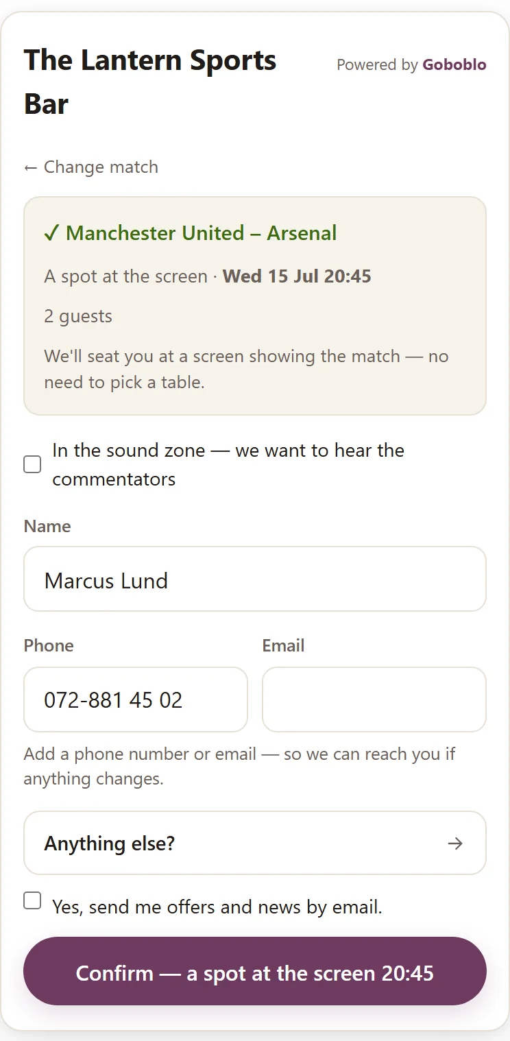 The booking widget on a phone: the chosen game Manchester United–Arsenal locked to kick-off, ‘a spot at the screen’ and a note that the guest doesn't need to pick a table