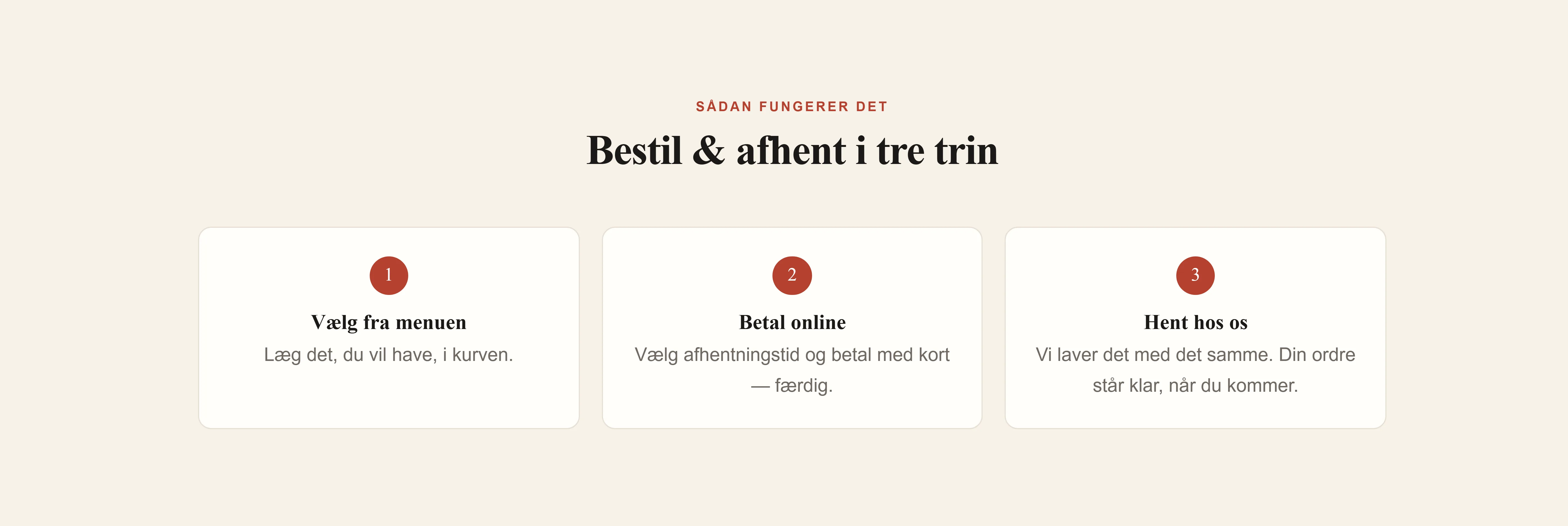 Sådan fungerer bestil og afhent på pizzeriaet Vulkanos side, på dansk: tre trin — vælg fra menuen, betal med kort, hent når det er klart