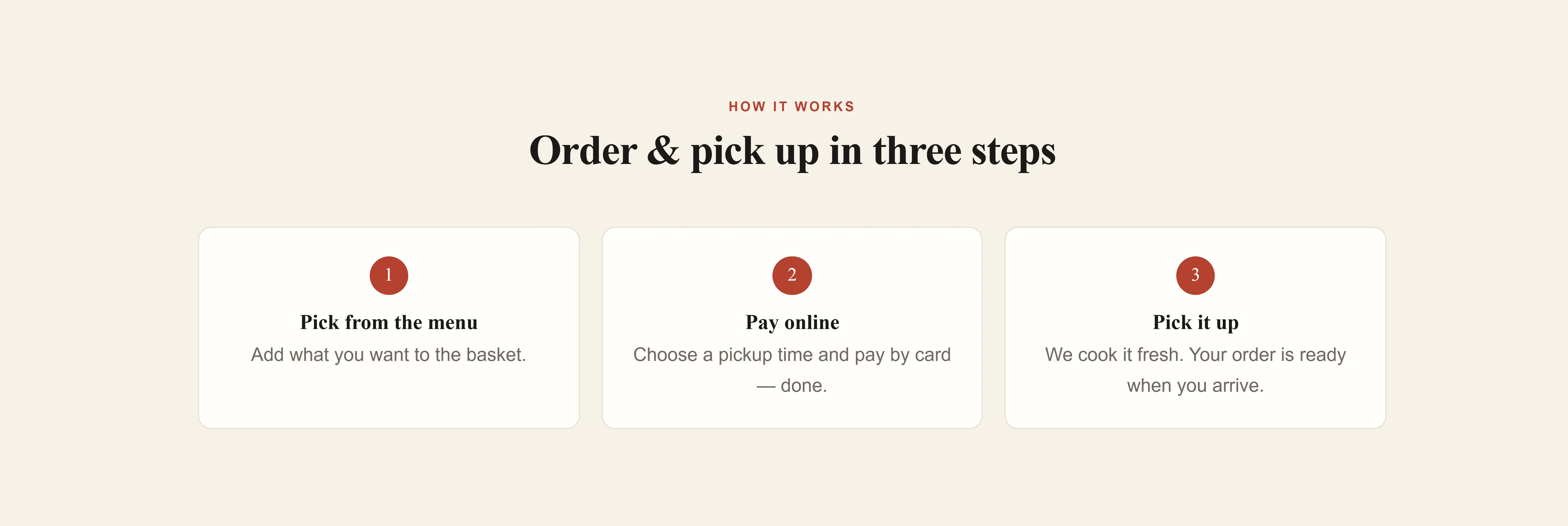 How order and pickup works on the pizzeria Vulcano's site, in English: three steps — pick from the menu, pay by card, collect when it is ready