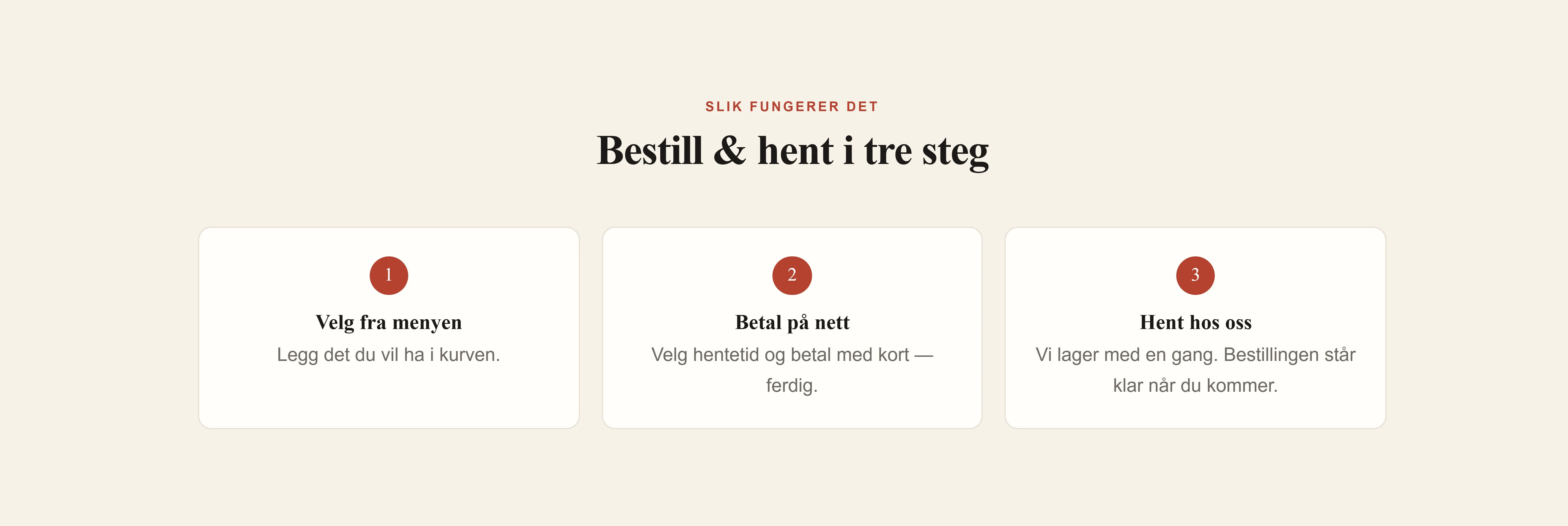 Slik fungerer bestill og hent på pizzeriaen Vulkanos side, på norsk: tre steg — velg fra menyen, betal med kort, hent når det er klart
