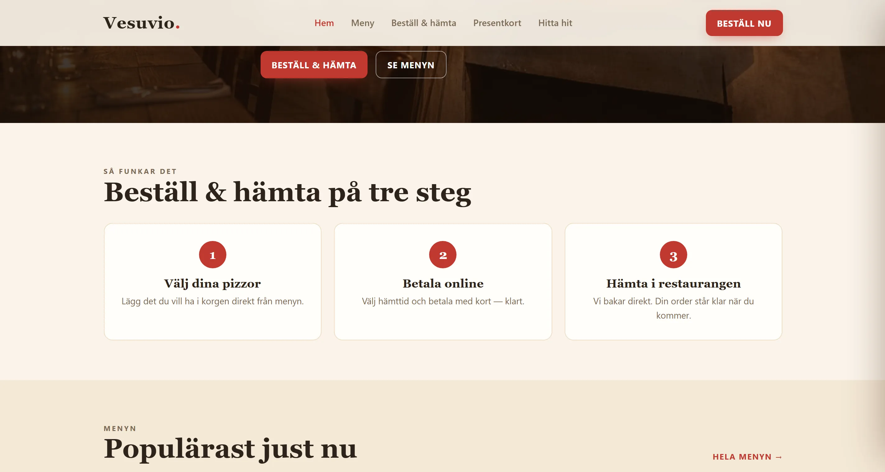 Så funkar det på pizzerian Vesuvios sajt: tre steg — välj dina pizzor, betala i mobilen och hämta när det är klart
