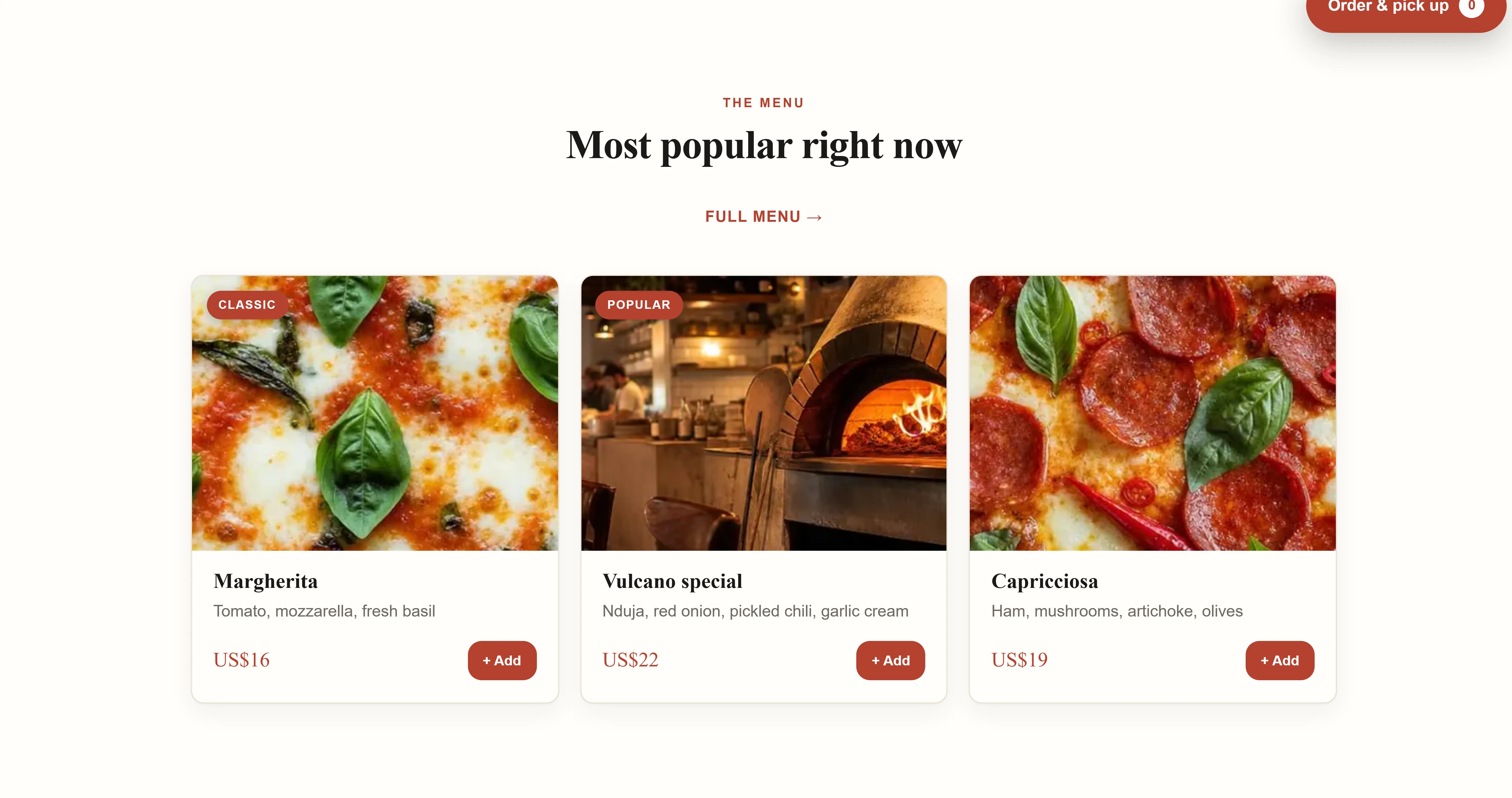 The menu on the site of the pizzeria Vulcano, built by Goboblo, in English: Margherita $16, Vulcano special $22 and Capricciosa $19 with photos and Add buttons