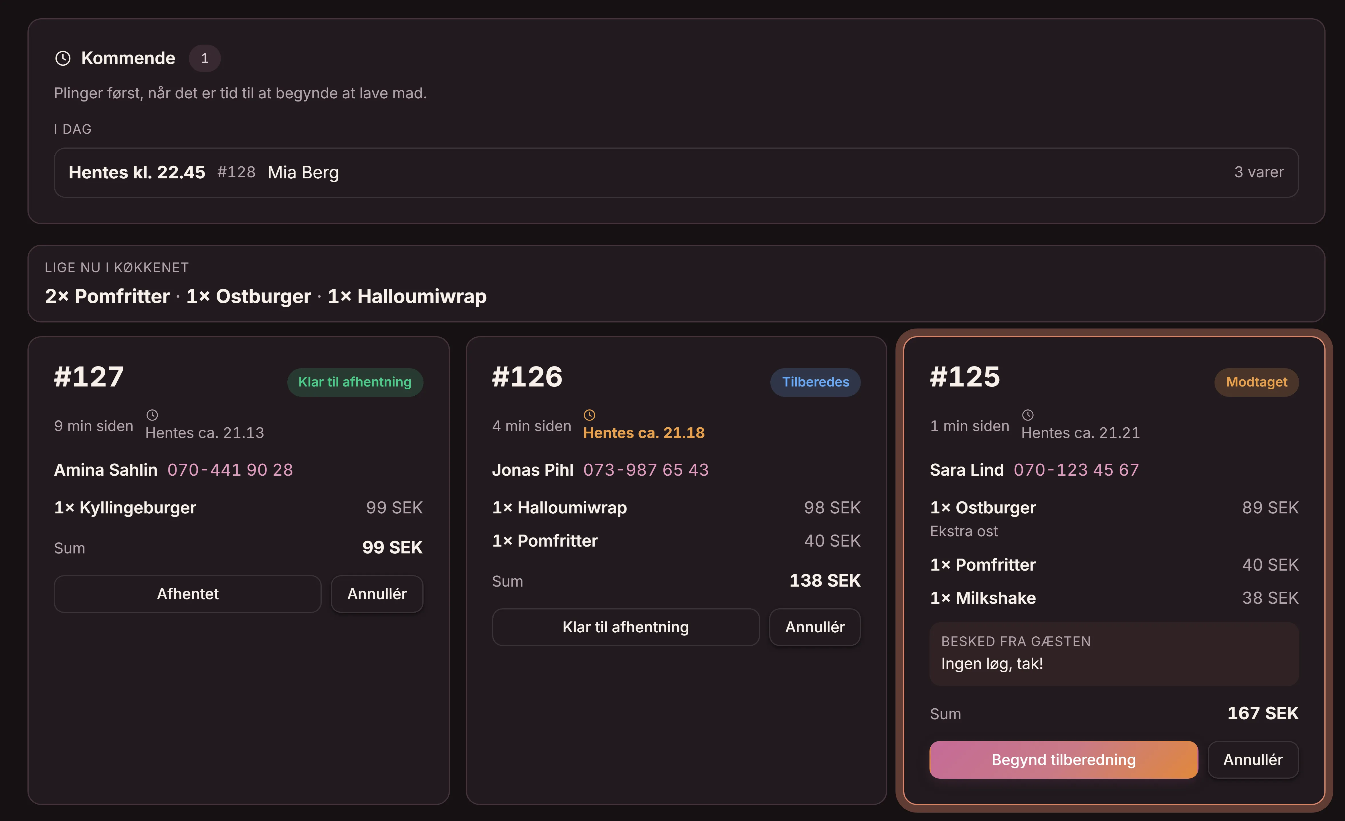 Bestillinger i Goboblo-appen hos fastfoodstedet Lygten Grill, på dansk: linjen Lige nu i køkkenet med 2× pomfritter, 1× ostburger og 1× halloumiwrap, og tre ordrekort i statusserne modtaget, tilberedes og klar til afhentning med gæstens navn og sum