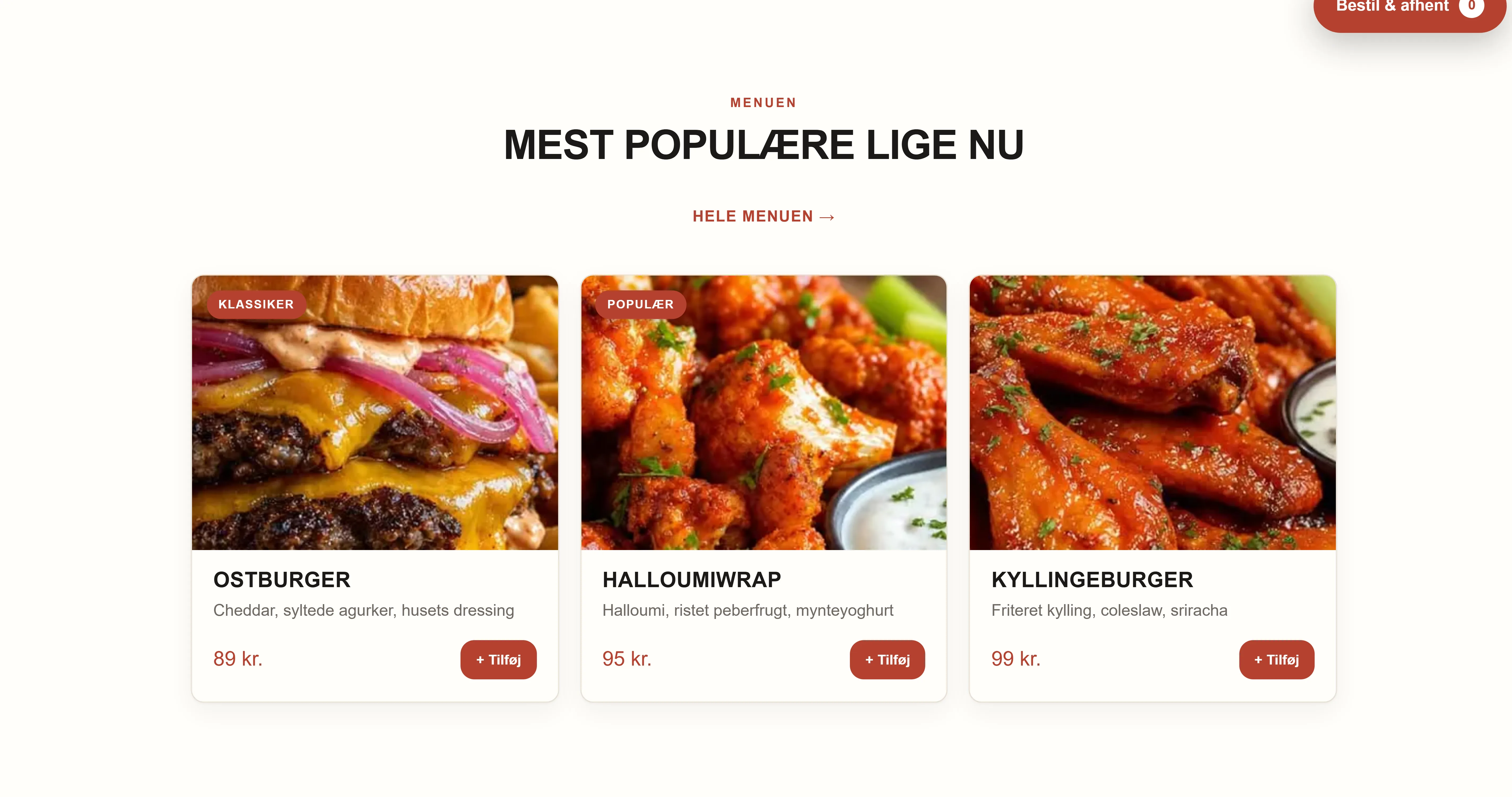 Menuen på fastfoodstedet Lygten Grills side, bygget af Goboblo, på dansk: ostburger 89 kr, halloumiwrap 95 kr og kyllingeburger 99 kr med billeder og Læg i kurv-knapper