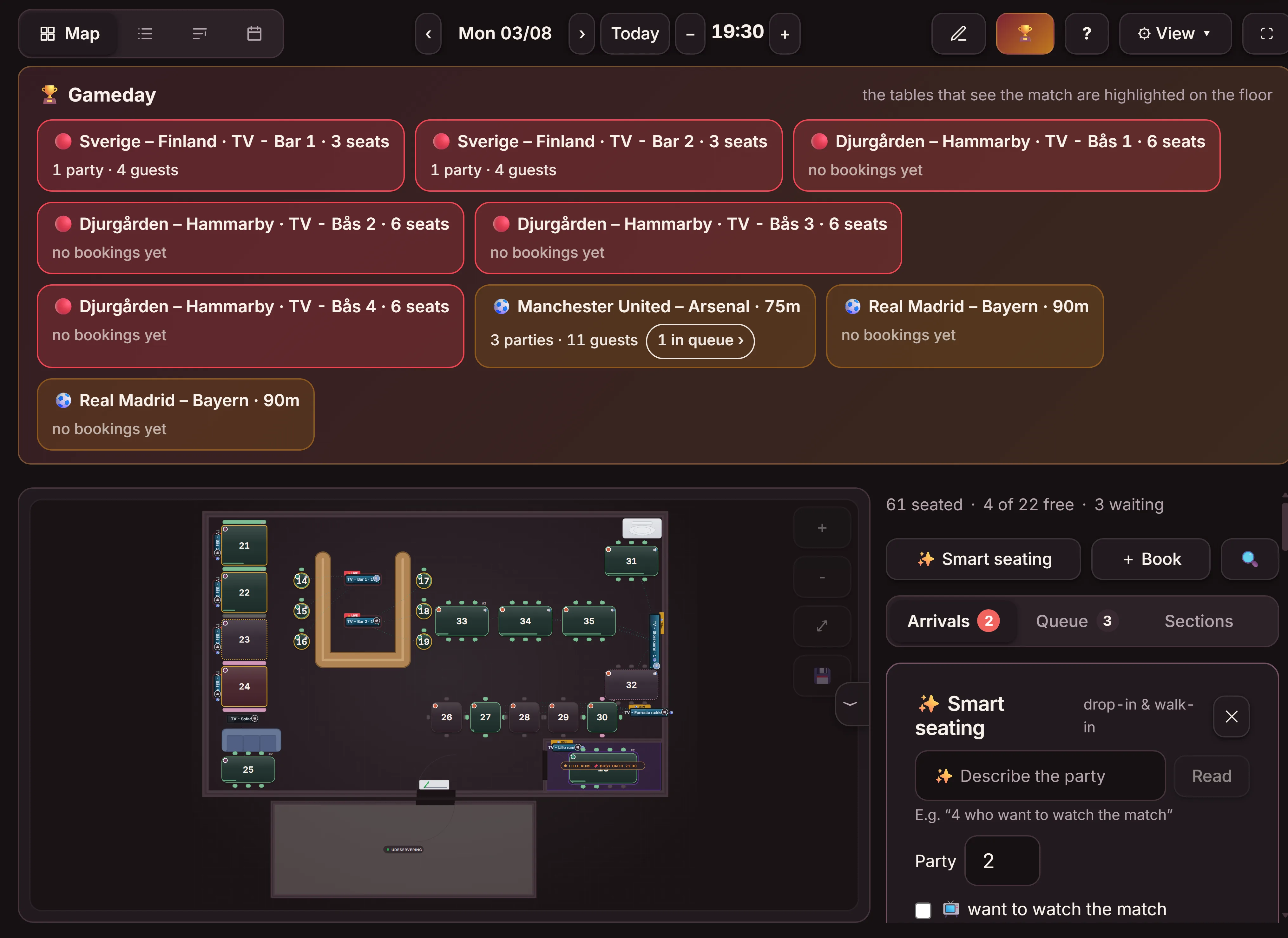 The live floor in Gameday mode at The Lantern Sports Bar, in English: tonight's games split across the TVs with parties and guests per screen, and the floor plan below where the tables that can see the game are highlighted