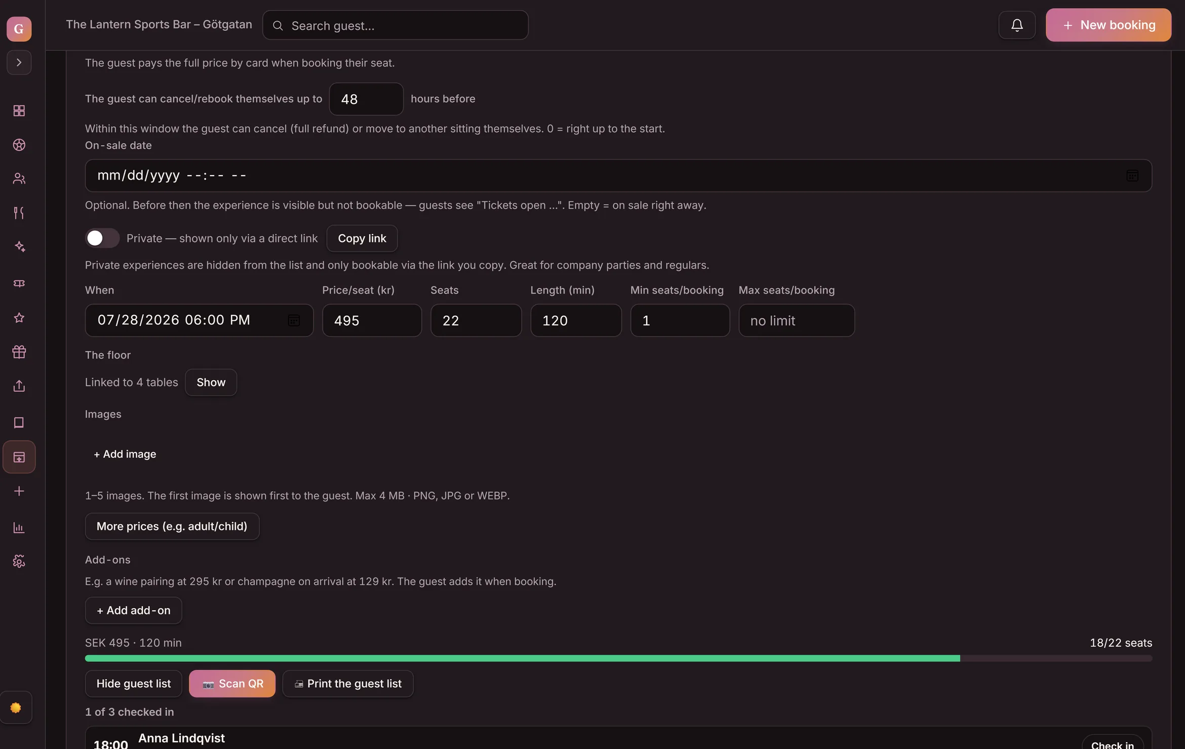 Experiences in Goboblo's dashboard: the wine tasting at SEK 495 per seat, 120 minutes, 18 of 22 seats booked and the guest list showing 1 of 3 checked in, plus the Scan QR and Print guest list buttons — the demo venue's real view in dark mode