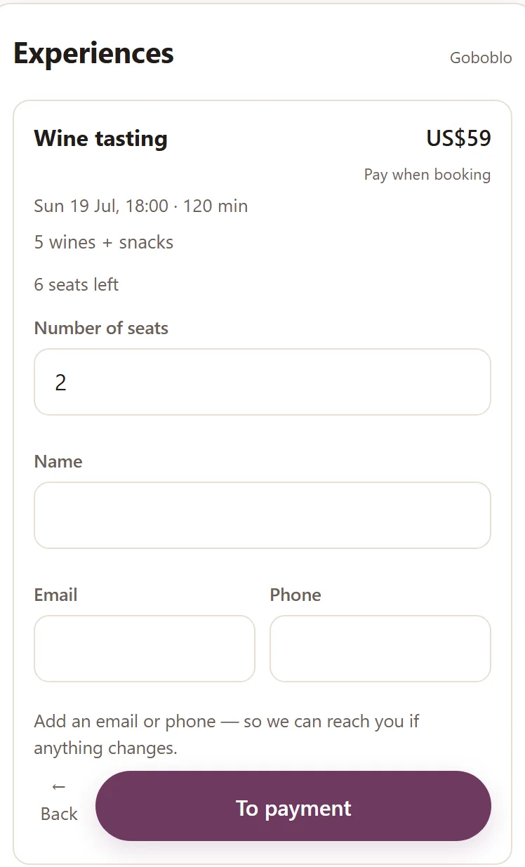 The guest's booking form for the wine tasting: number of seats, name, email and phone, with the To payment button — the demo venue's real view