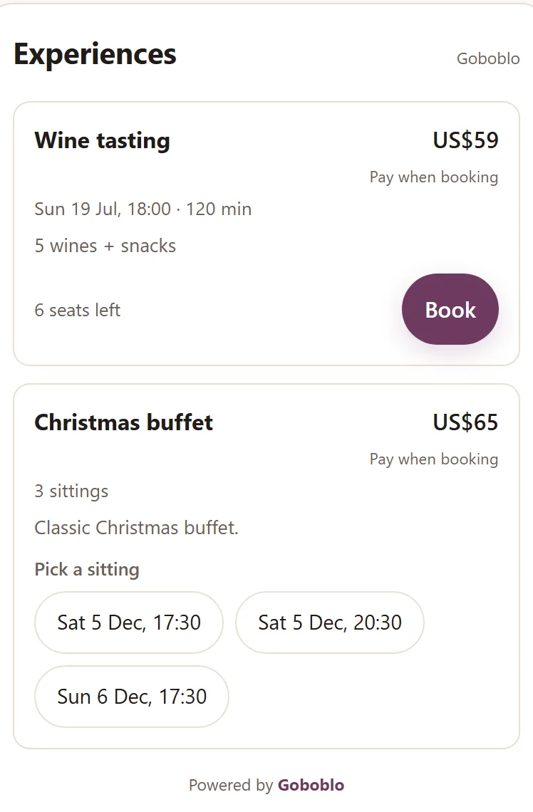 The guest's experiences view on their phone: Wine tasting for US$59 with Pay when booking and 6 seats left, and the Christmas buffet series with three sittings to pick from — the demo venue's real view