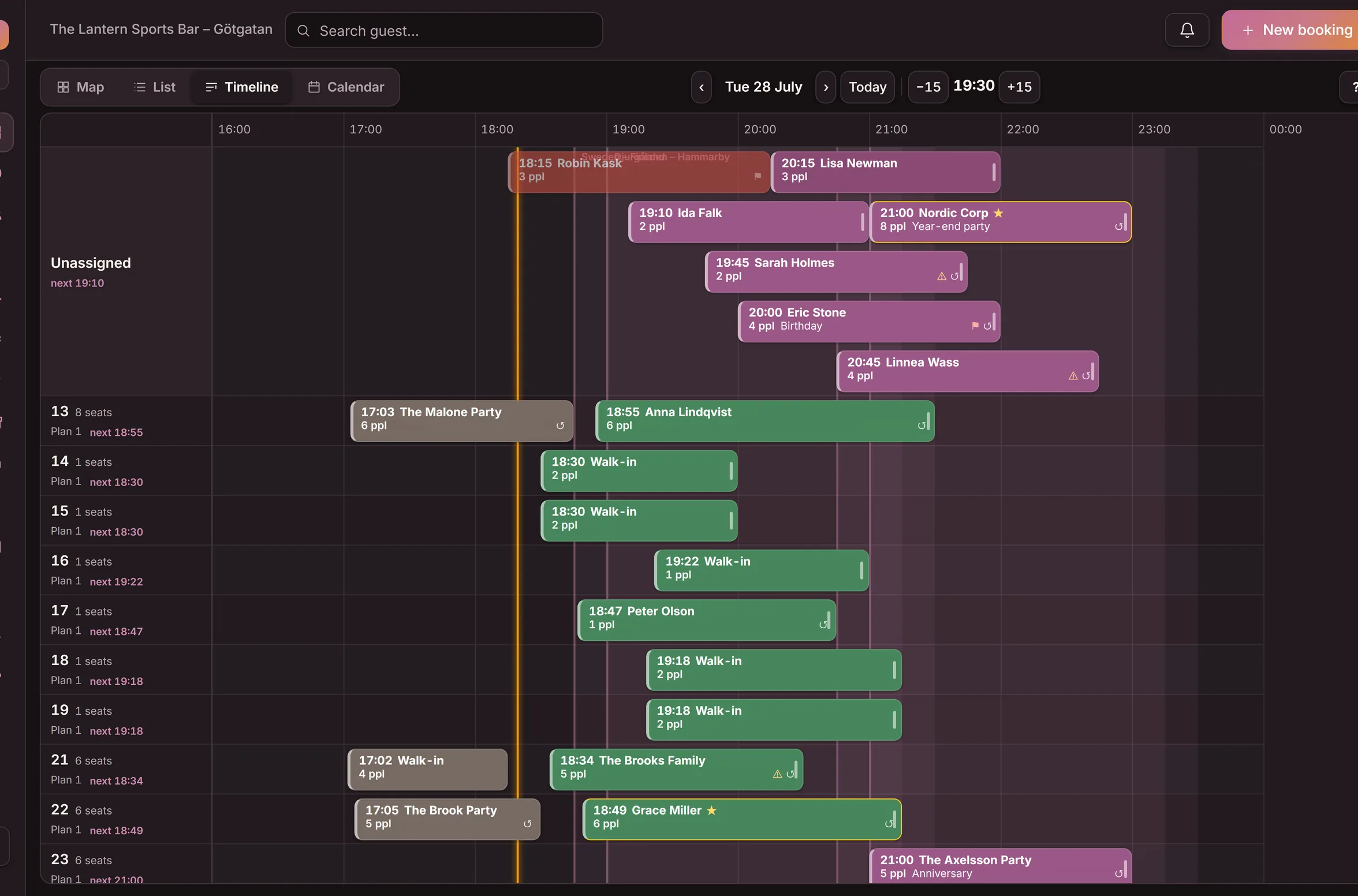 The timeline in Goboblo in dark mode: tonight's seatings as blocks per table and time, with the status colours booked, confirmed, seated and done — the demo venue's real view