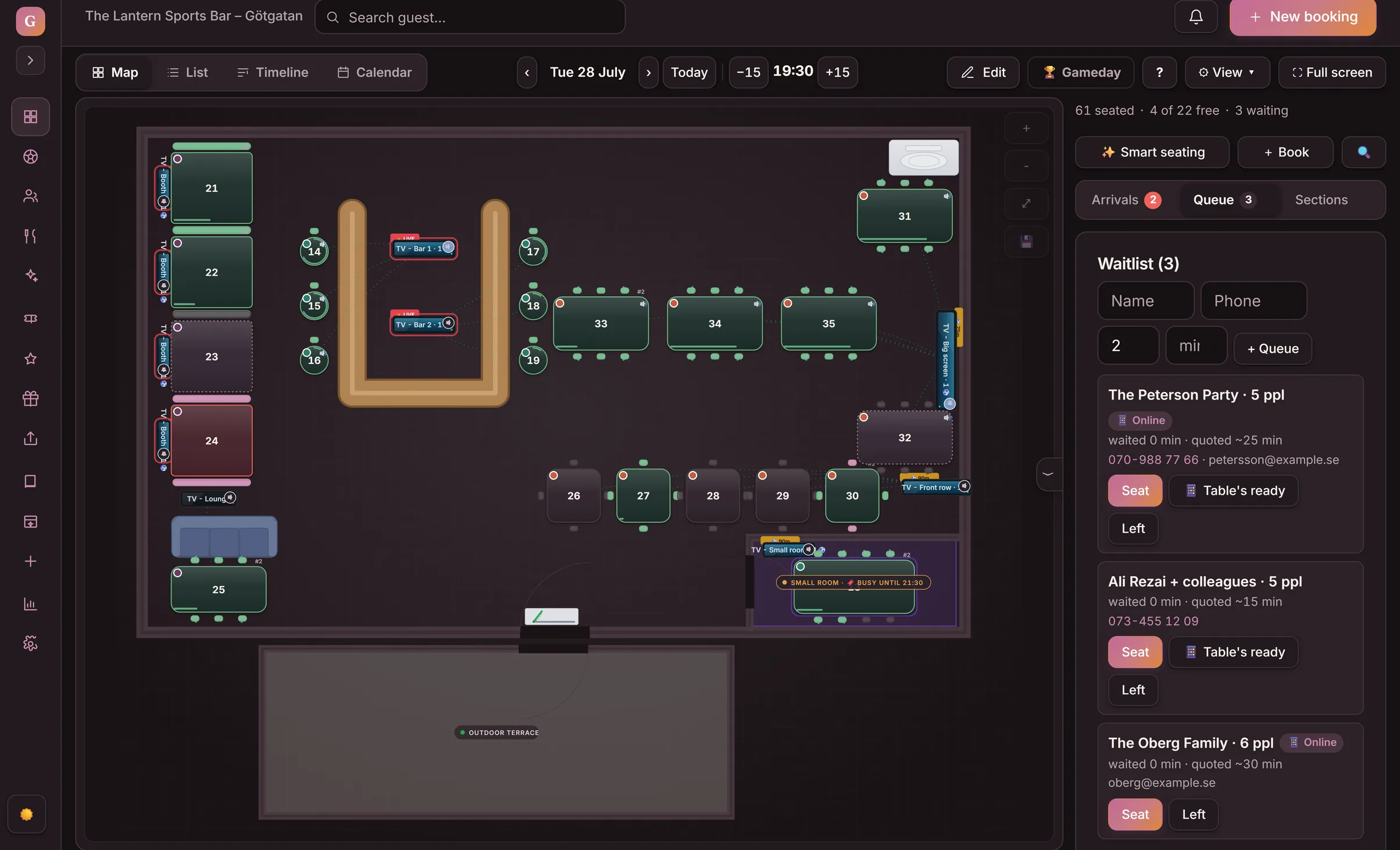 The Map view under Bookings in Goboblo with the Queue panel open: the table map with the status colours seated, turning soon and run over, time per table, and the waitlist with parties ready to seat — the demo venue's real view in dark mode