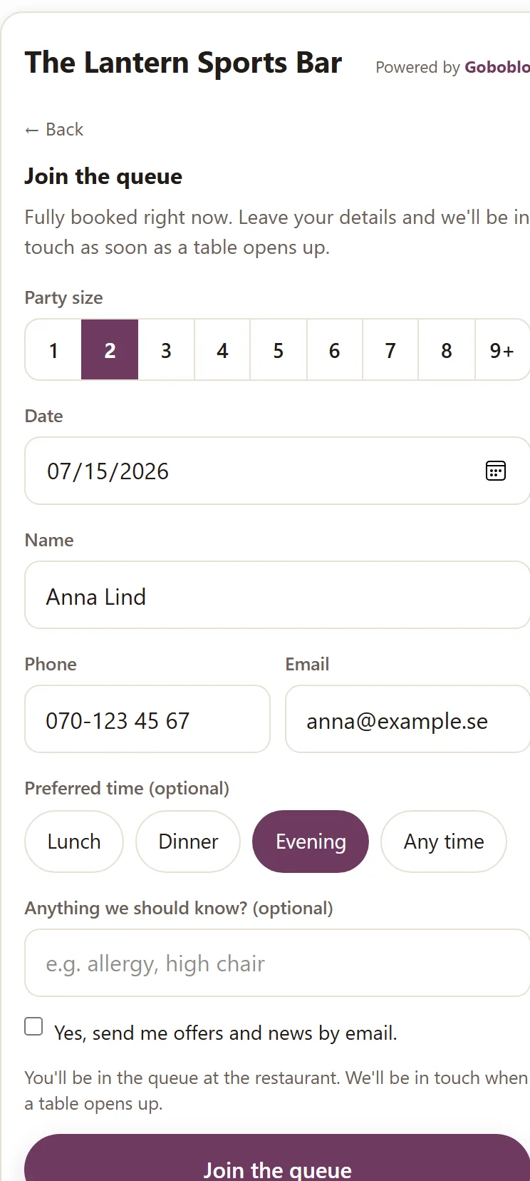 The queue form in Goboblo's booking on a phone: Anna Lind fills in party size, name, phone, email and preferred time Evening — and joins the queue at the fully booked restaurant