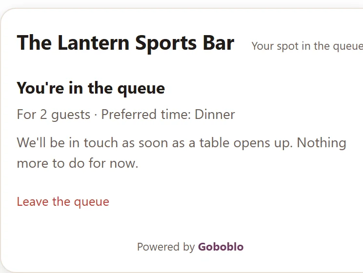 The guest's queue-status page on a phone: You're in the queue, for 2 guests with preferred time dinner, and the Leave the queue link if plans change