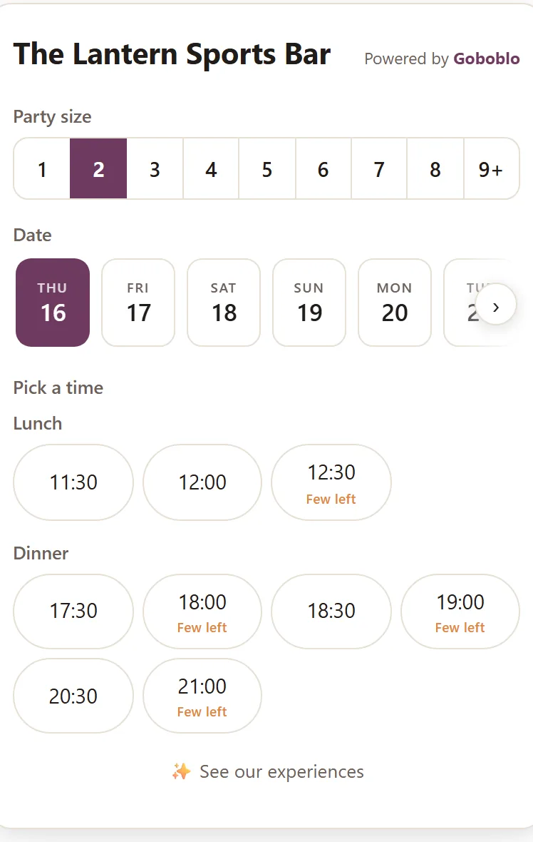 Goboblo's booking widget on the restaurant's own site: the guest picks a party size, a date and an open time — the booking lands with the restaurant, not a marketplace — the demo venue's real widget