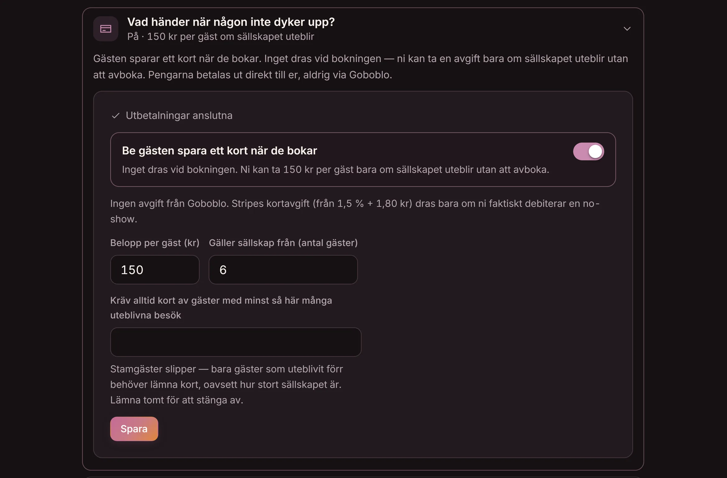 Frågan ”Vad händer när någon inte dyker upp?” i Goboblos inställningar: gästen sparar ett kort vid bokningen, avgift per gäst bara vid utebliven, gäller sällskap från vald storlek och kräv alltid kort av gäster med tidigare no-shows — demo-lokalens riktiga vy i mörkt läge