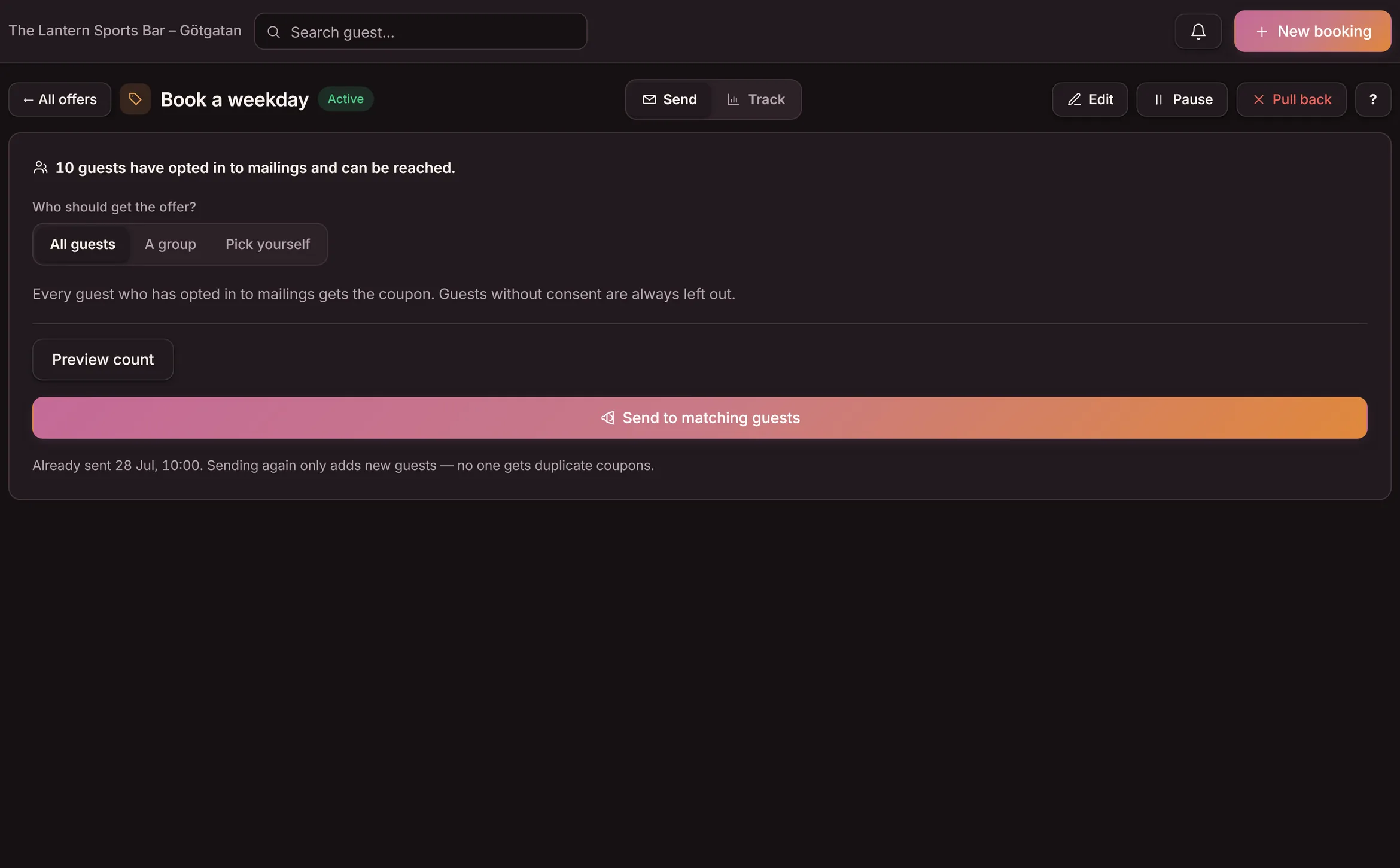 The Send view in Goboblo's dashboard: 10 guests have opted in and can be reached, the choices All guests, A group and Pick yourself, plus the Preview count and Send to matching guests buttons — guests without consent are always left out — the demo venue's real view in dark mode
