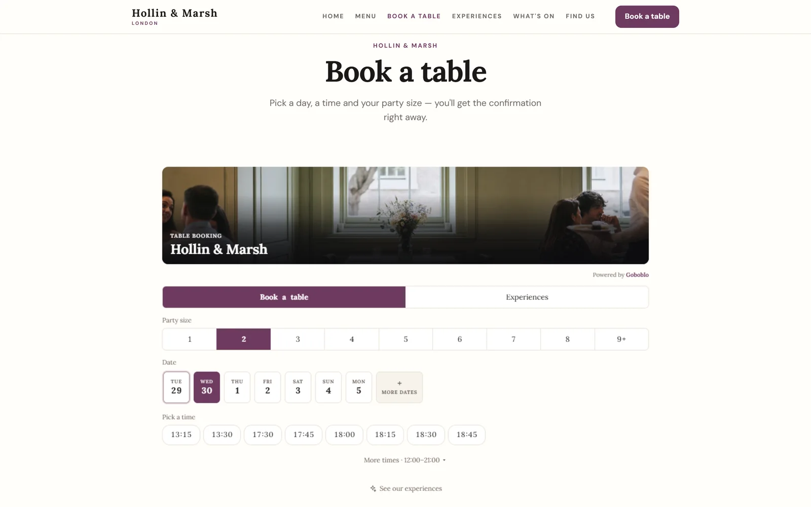 Hollin & Marsh, a demo restaurant in London: the Book a table page on its own website with the Goboblo booking widget in Hollin & Marsh's plum, party size, date and times (demo)