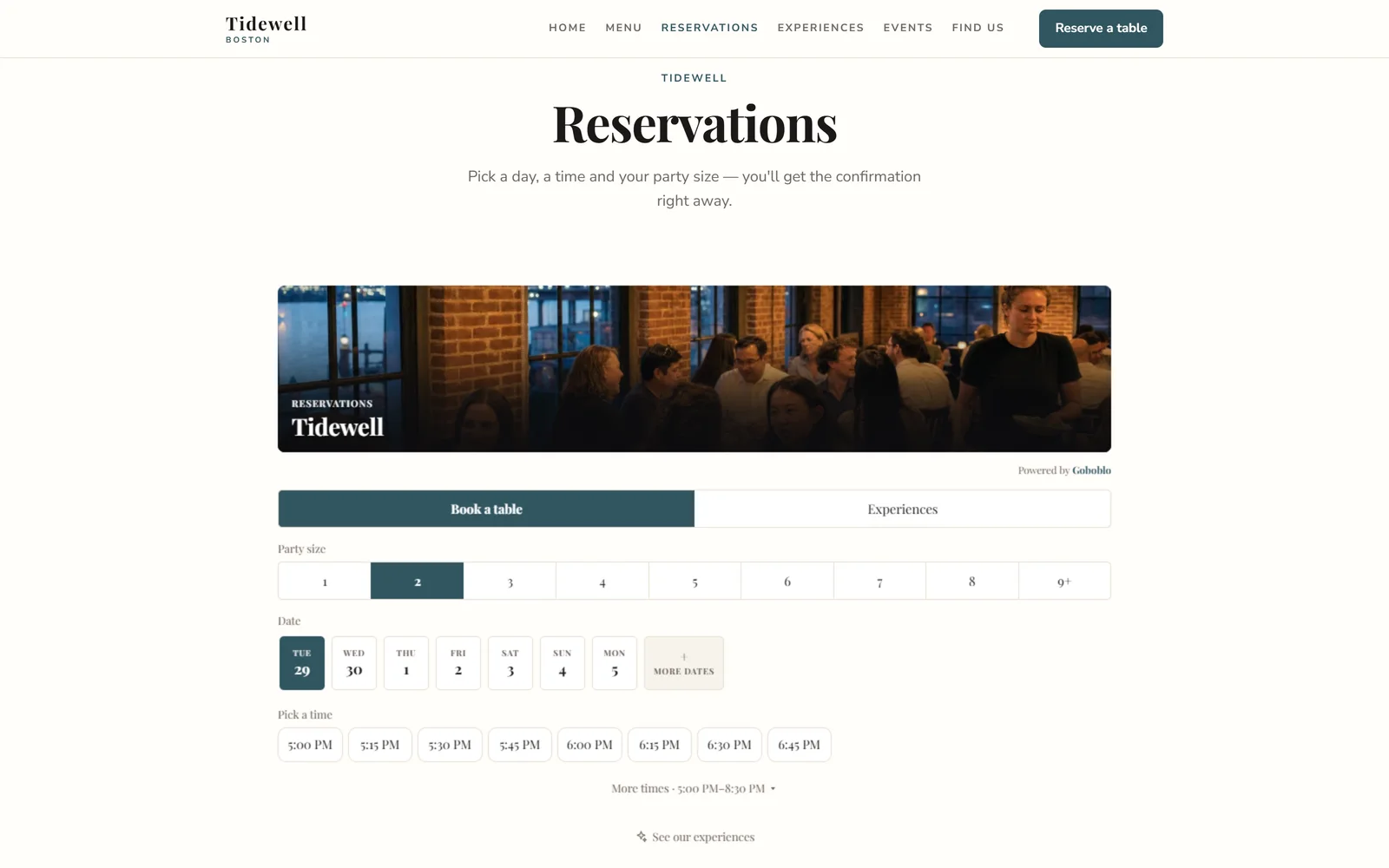 Tidewell, a demo restaurant in Boston: the Reservations page on its own website with the Goboblo reservation widget in Tidewell's teal, party size, date and times from 5:00 PM (demo)