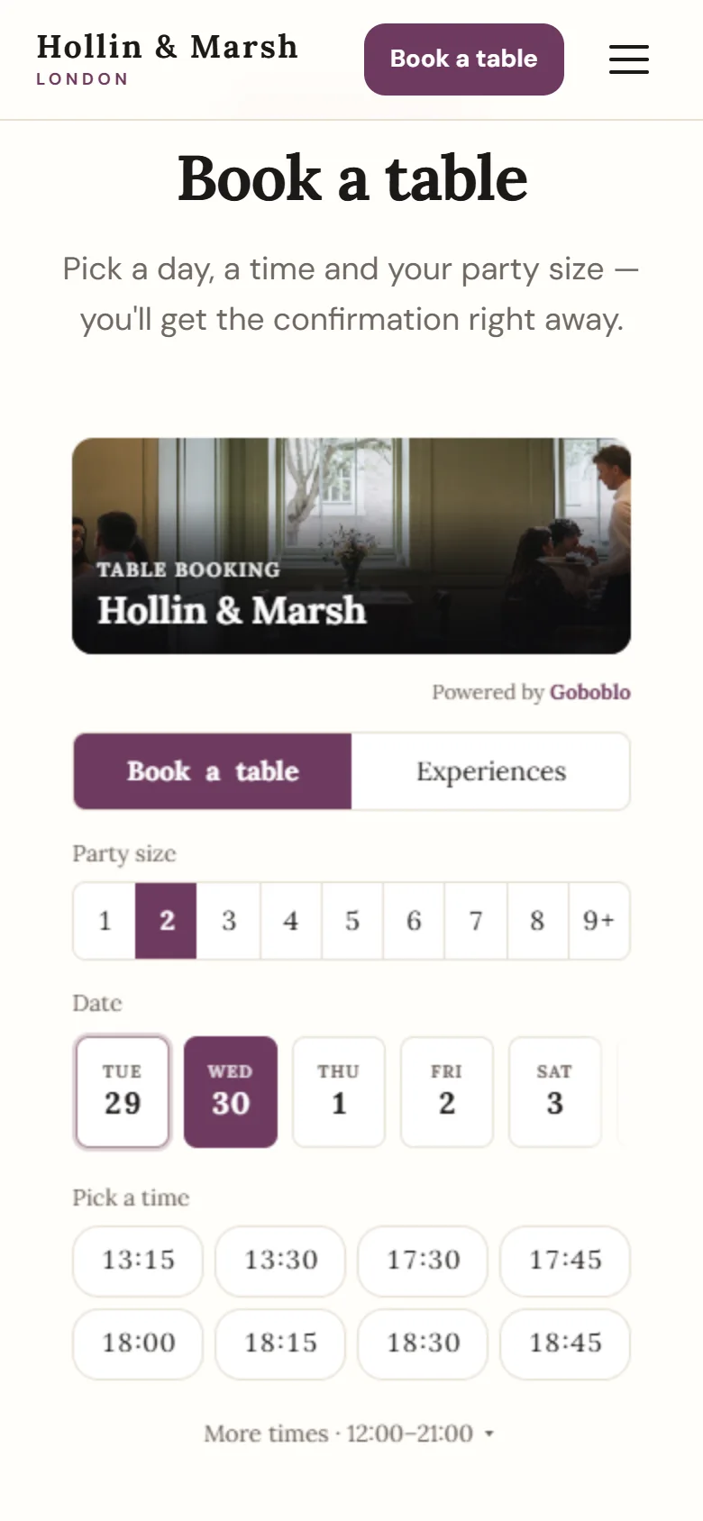 The same booking widget on Hollin & Marsh's website on a phone (demo)